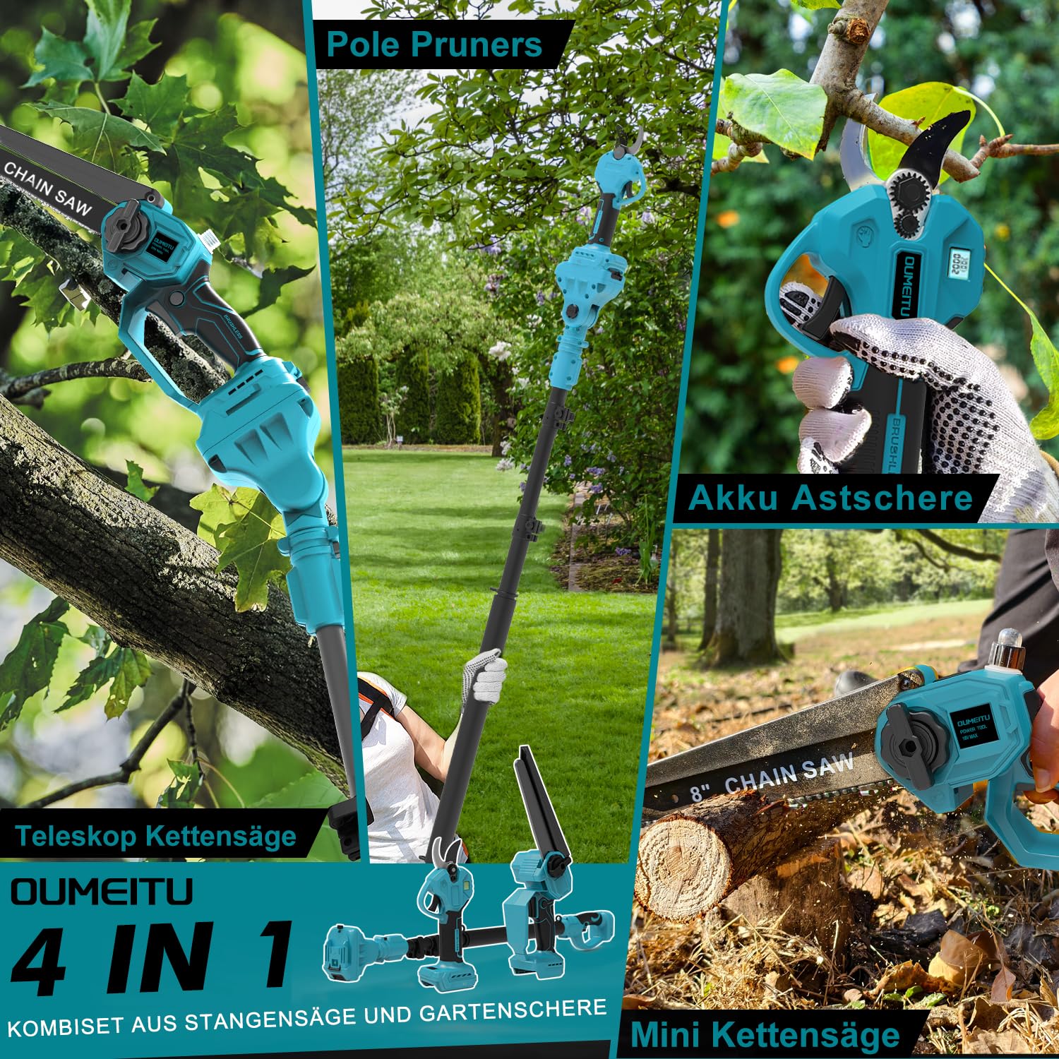 4-in-1 8 Zoll Mini Kettensäge & Akku Elektro Gartenschere für Makita 18V Akkus mit Teleskopstange & 30 mm Akku Astschere, Akku hochentaster mit 2 x 3.0Ah Akku & Bürstenloser, Arbeitsreichweite 4M