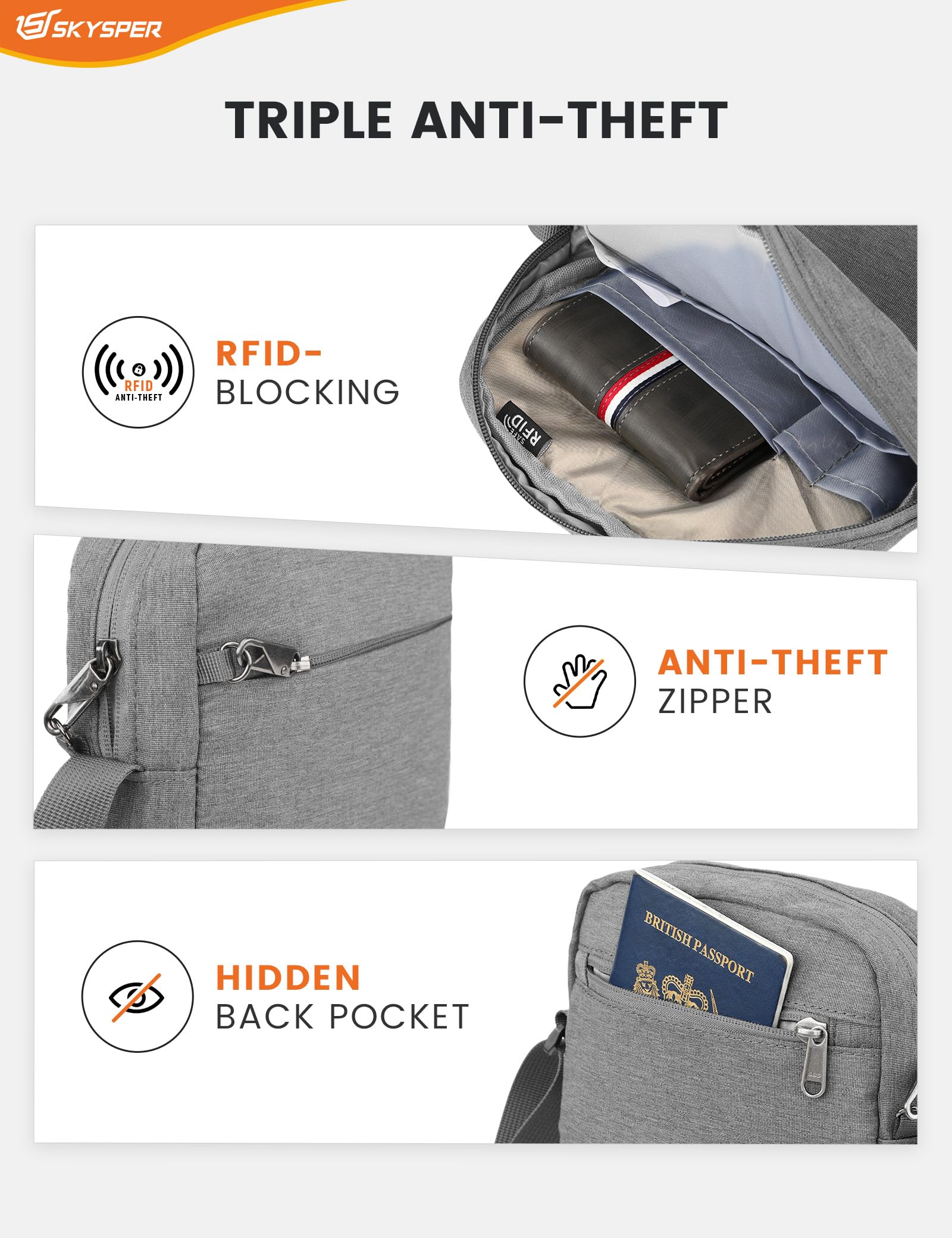 SKYSPER URBANX3 Bandolera Hombre Antirrobo - Bolso Portátil, Deportivo y para Viaje, Bolso Mensajero