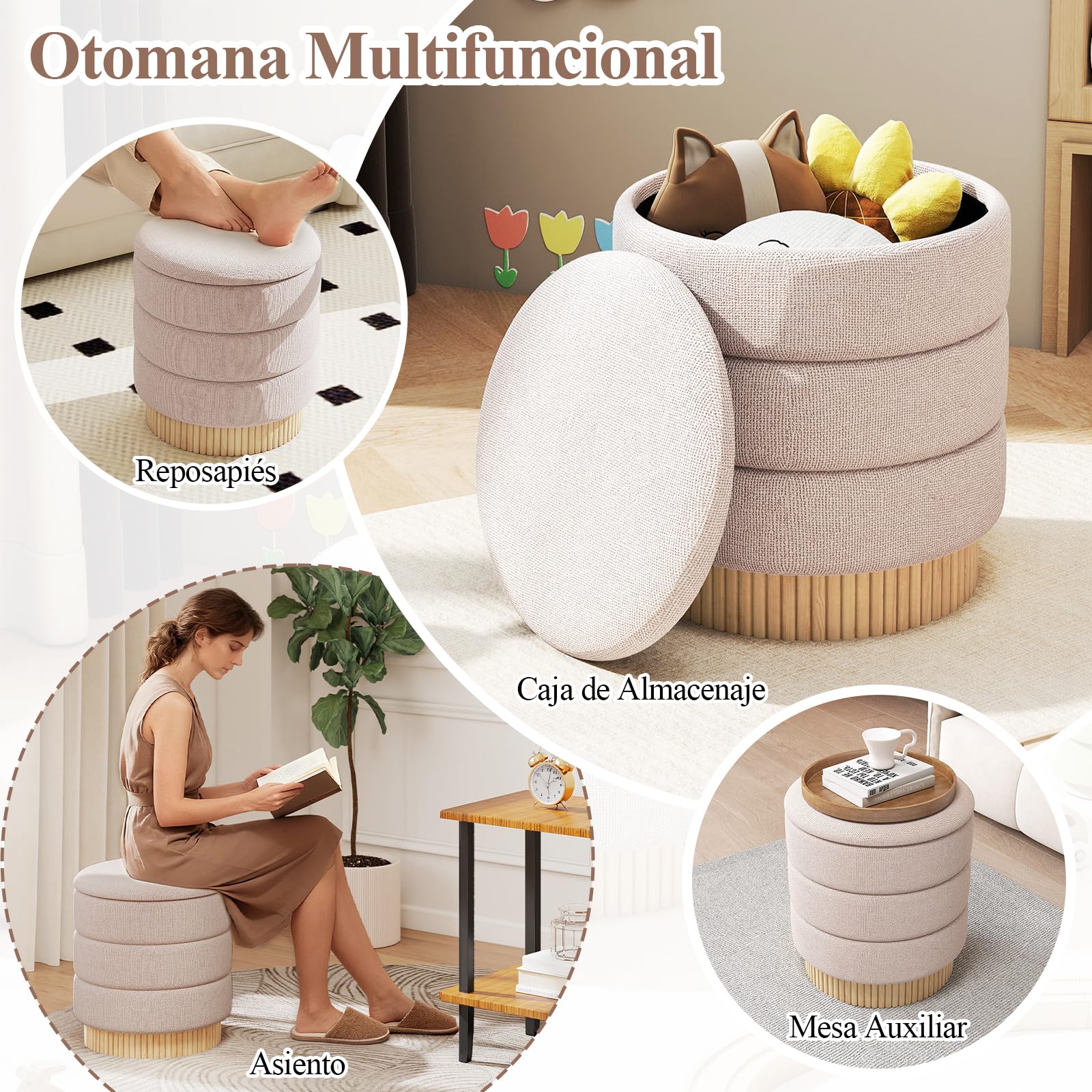 COSTWAY Puff con Almacenaje, 43x46 cm, Taburete de Tocador Redondo con Tapa Extraíble y Base de Madera, Asiento Tapizado, Mesa Ayudante y Reposapiés en uno para Salón, Dormitorio, Carga 150kg, Beige