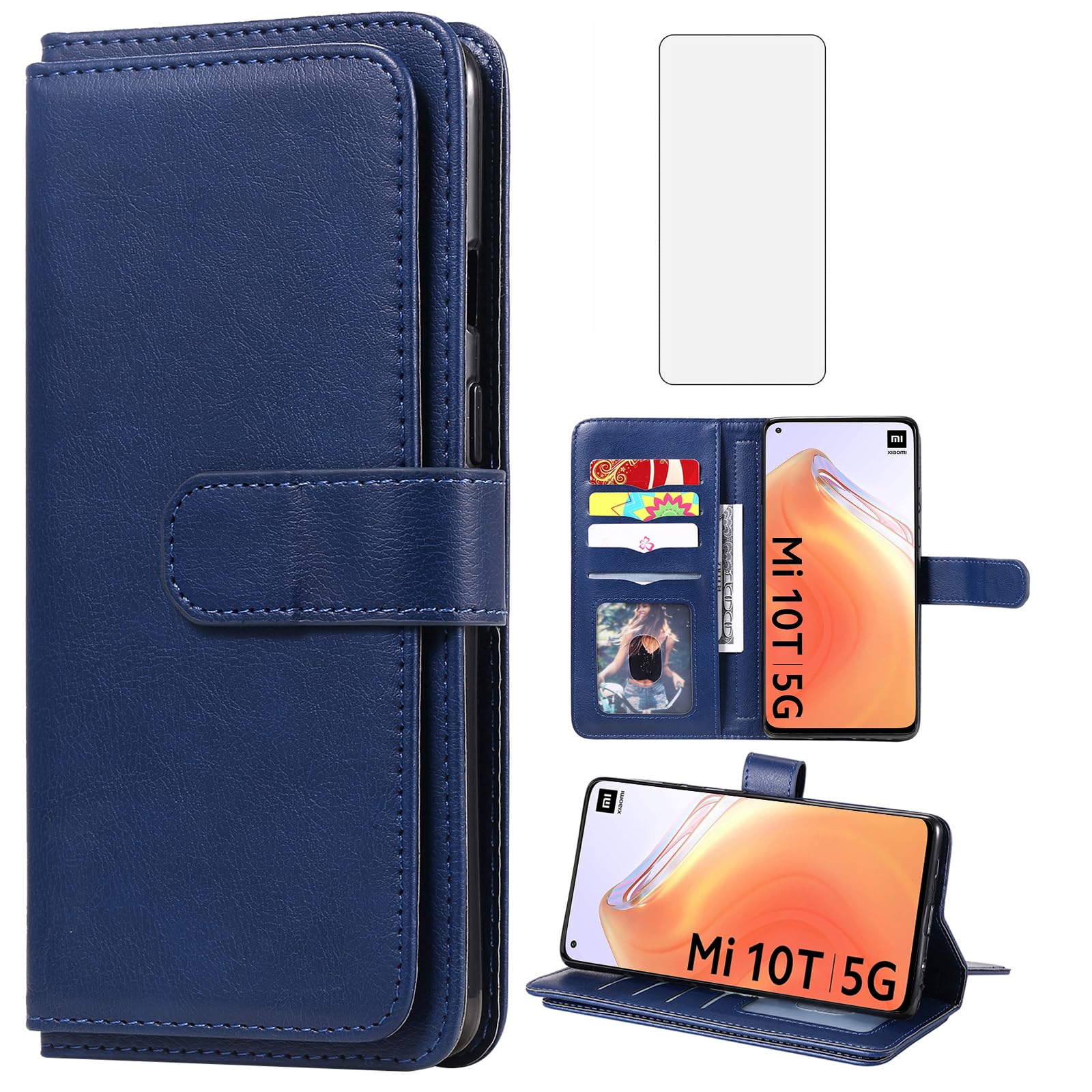 Asuwish Cover Portafoglio Per Xiaomi Mi 10T / Mi 10T Pro 5G Con Pellicola E Catena - Custodia In Pelle Con Supporto, Portacarte, Nero