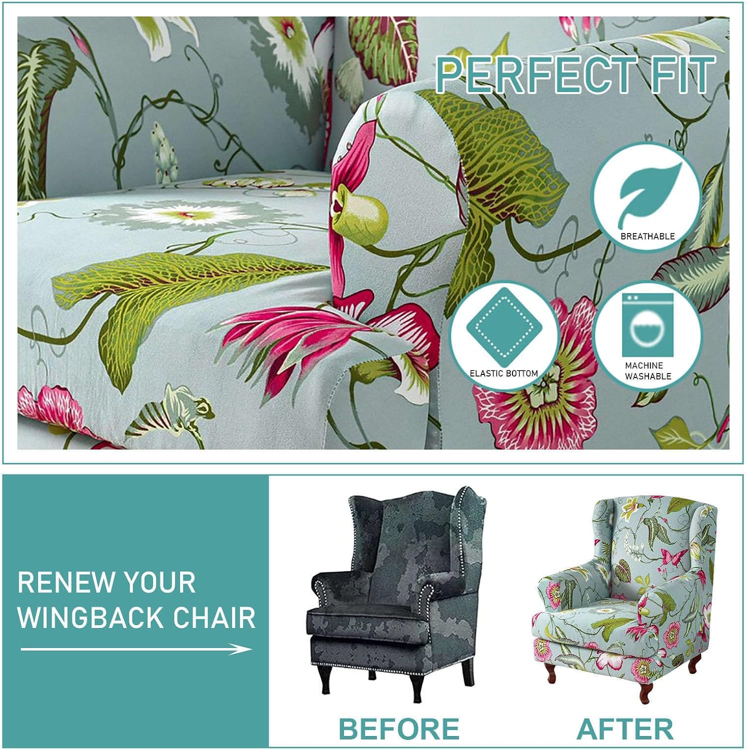 Stretch Wing Chair Slipcover 2 Piece, Soft Printed Wingback Chair Cover Removable Washable Wingback Chair Slipcover for Living Room Bedroom-07-2 Piece