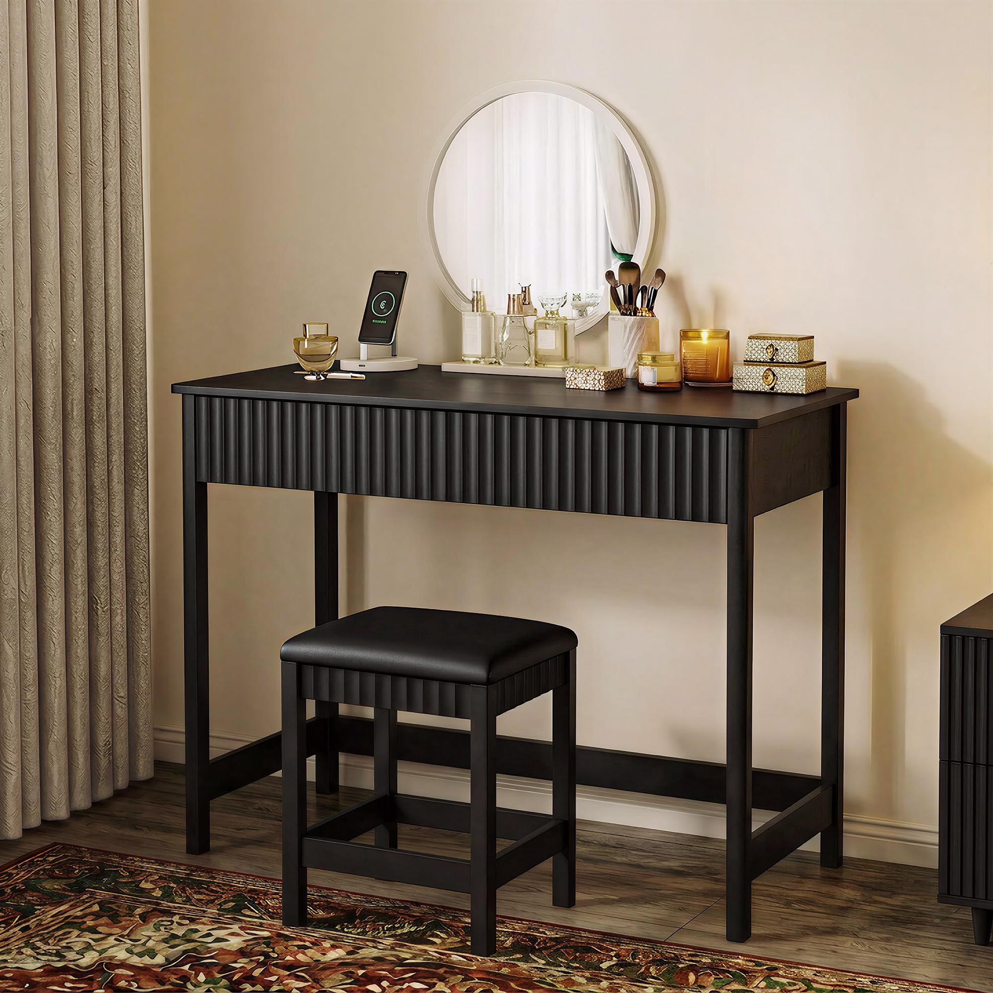 Photo 1 of ChooChoo 47.2 Inch Modern Desk with Drawers, Makeup Vanity Desk with Padded Stool, Writing Computer Desk for Home Office & Bedroom, Black