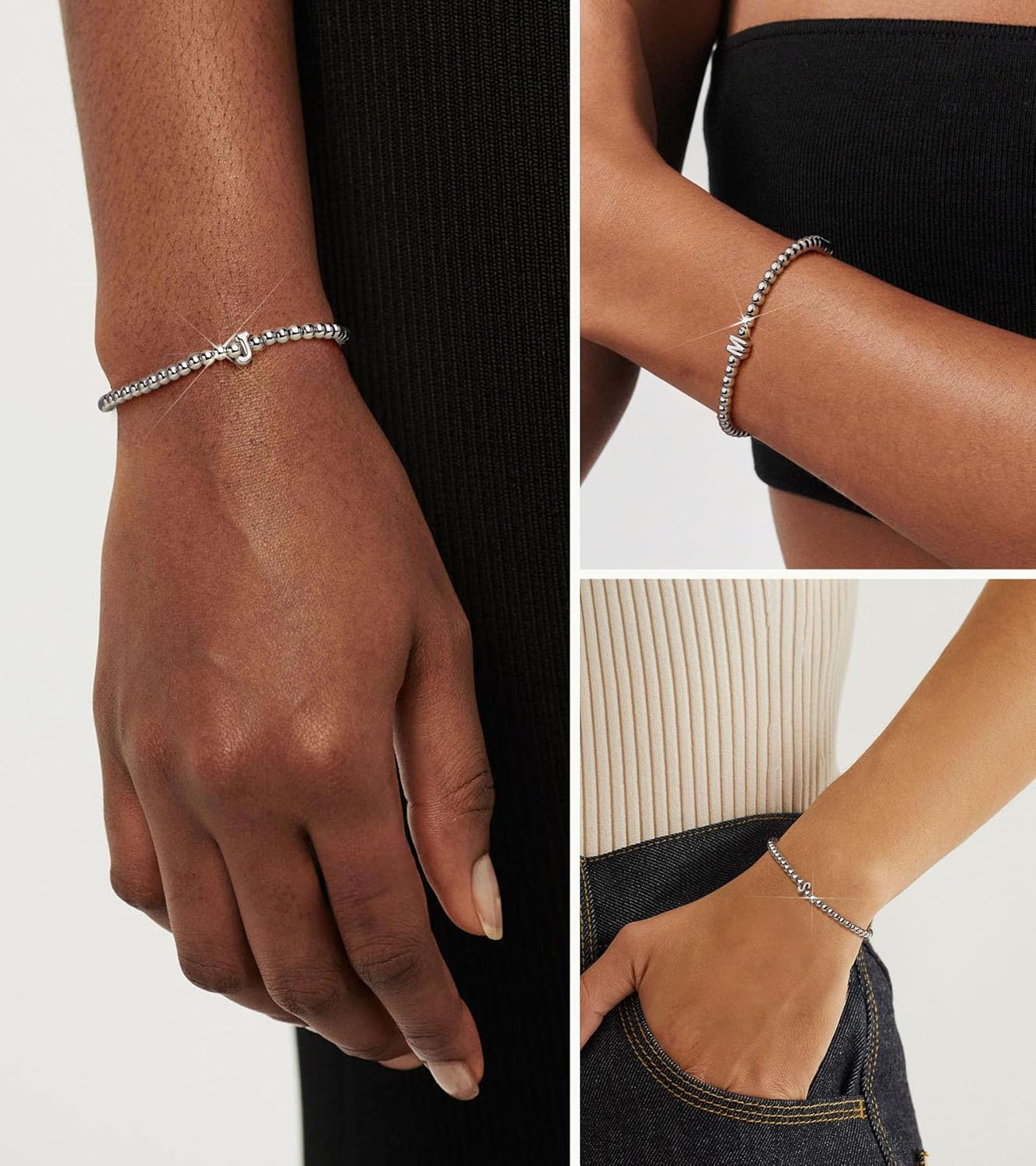 Wowshow Silver Bracelets for Women, Stretch Initial Silver Beaded Bracelets with Letter Charm Jewelry Gifts for Mother Birthday - Image 3