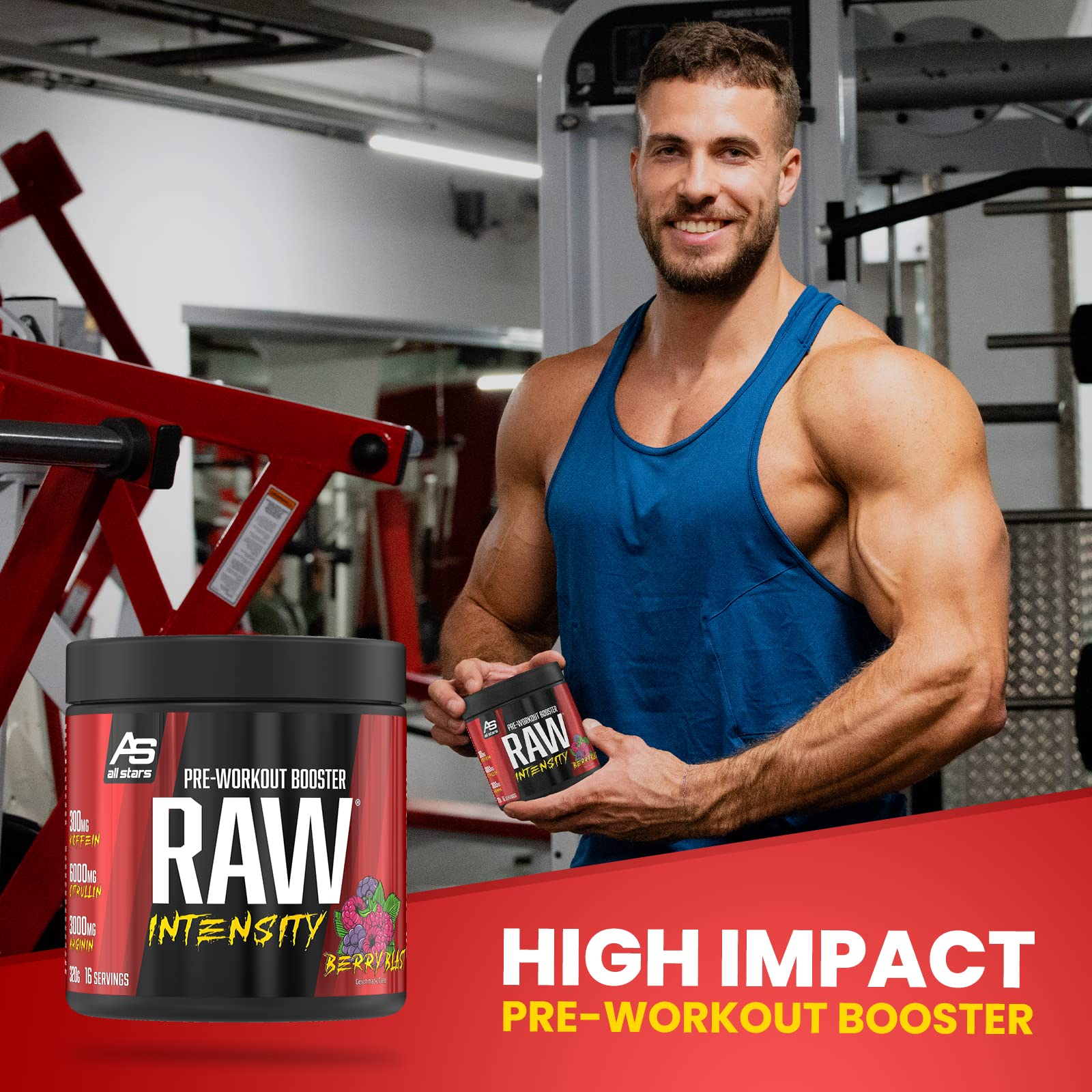 All Stars Raw Intensity Pre Workout Booster Berry Blast I Fitness-Pulver mit Aminosäuren & Pflanzenextrakt I Energy Drink mit Koffein & Taurin I Shake fettarm & zuckerarm