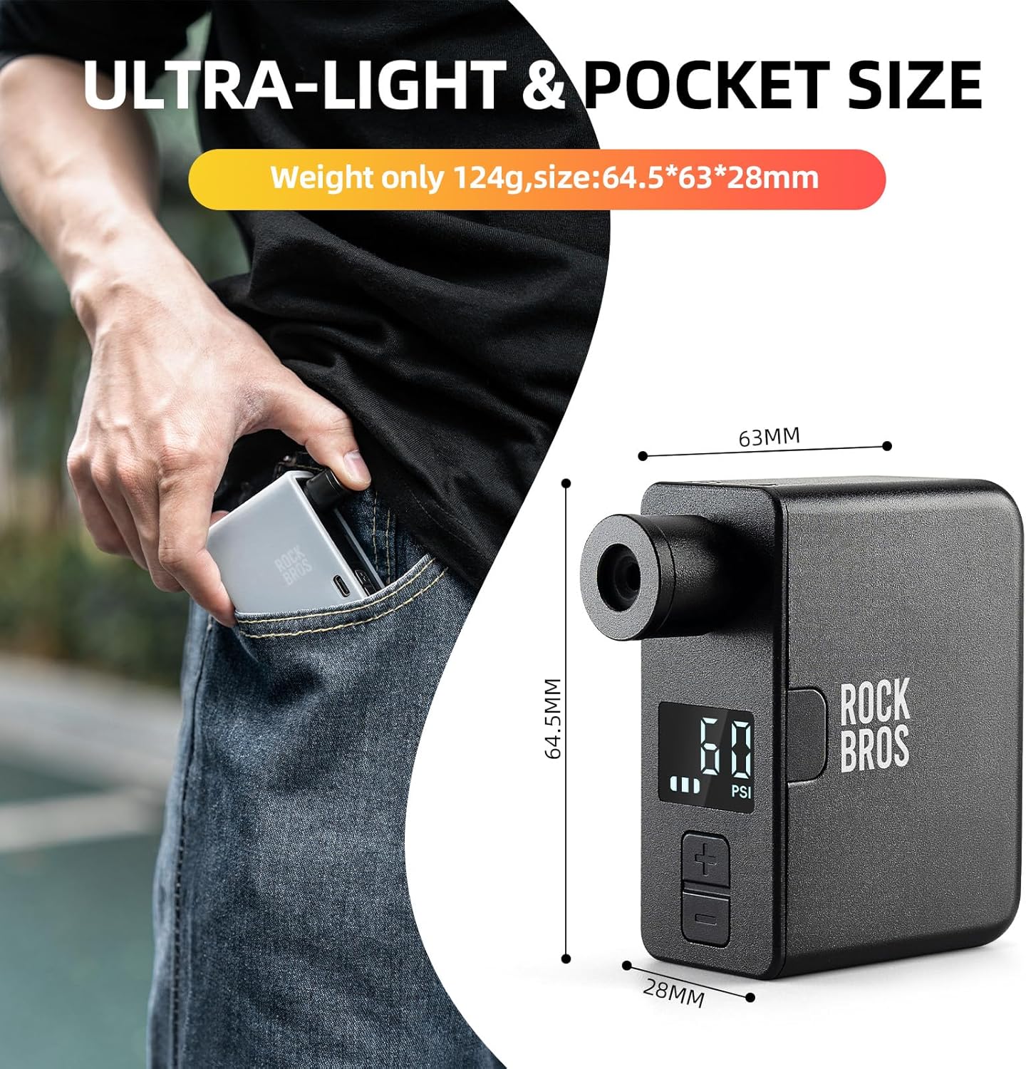 ROCKBROS LED Screen Electric Mini Bike Pump PRO, Max 120 PSI with Gauge, Auto Stop Bicycle Pump Tire Inflator Air Pump for E-Bike, MTB, and Road Bike