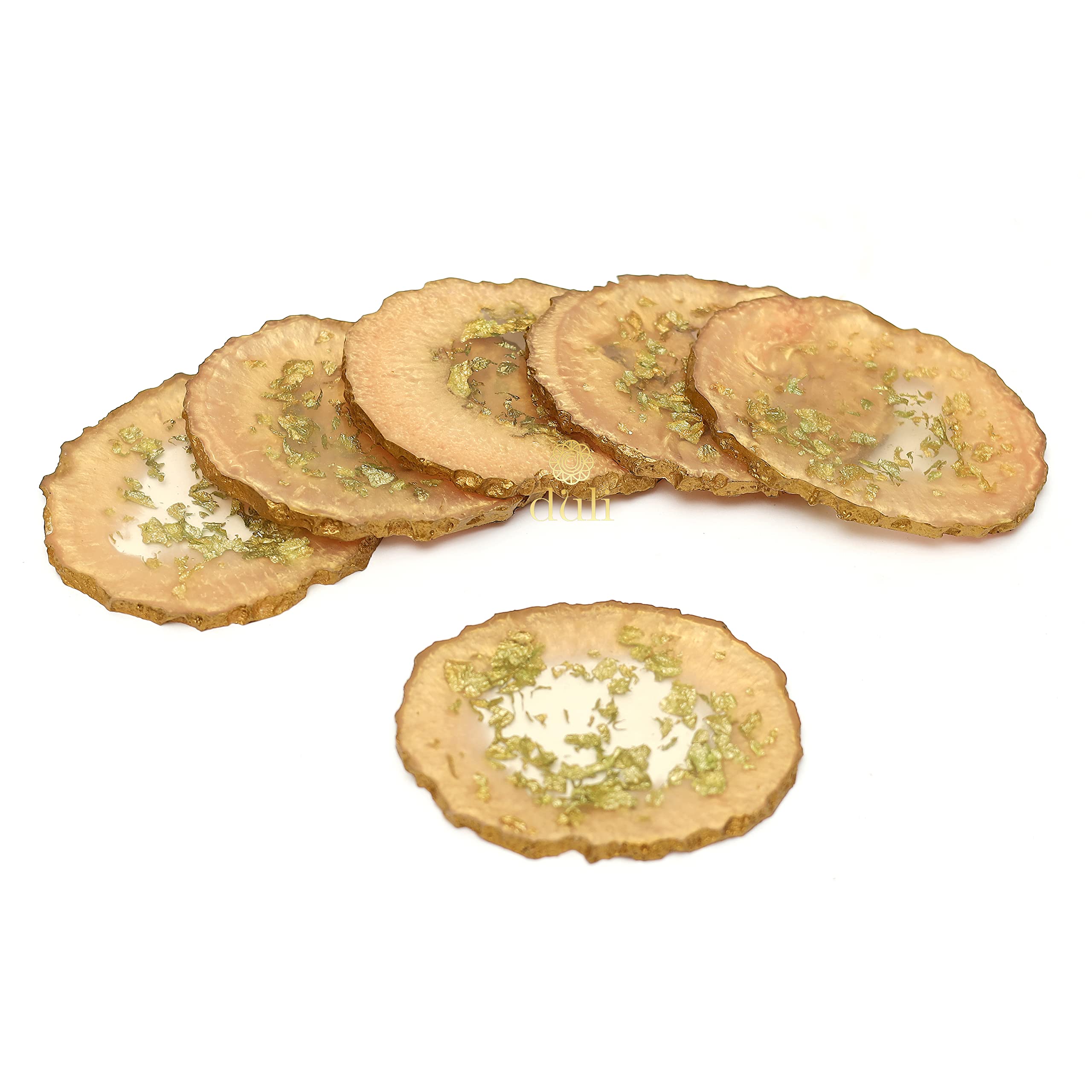 DULI Set of 6 Premium Resin Coasters Tea,Coffee, Resin Set, Tea Coasters, Chai Coasters, Oval Coasters, Table Accessories (10 * 8 cm) (Champagne Flakes)