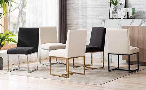 Miniatura 6 de Juego de 2 sillas de comedor modernas de mediados de siglo, sillas de comedor tapizadas de lino con marco de metal acabado cromado pulido, sillas de