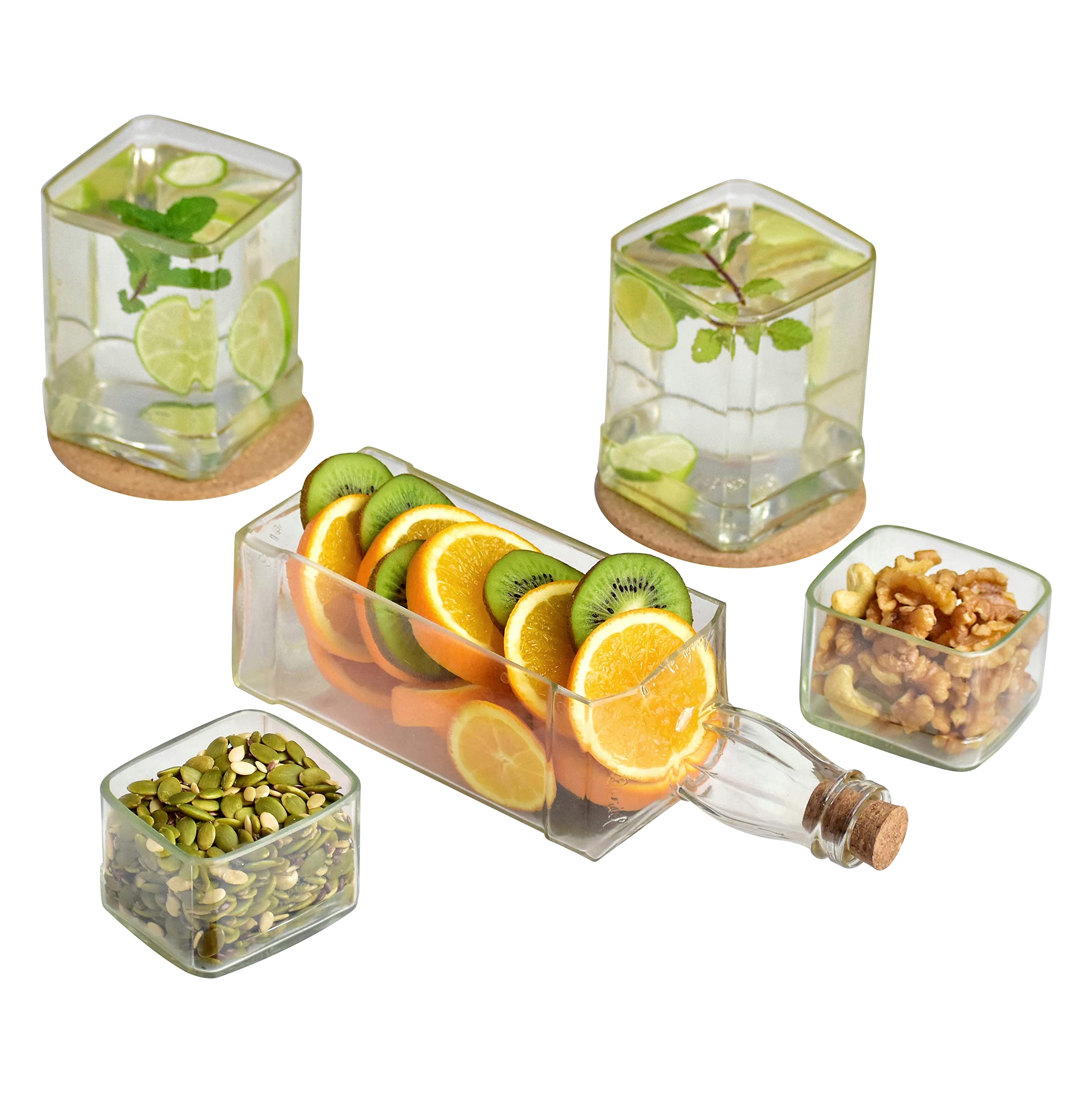 KAVI Upcycled Bottle Serving Set – Handmade Eco-Friendly Tableware with 1 Platter, 2 Glasses & 2 Dip Bowls for Snacks, Fruits & Cheese