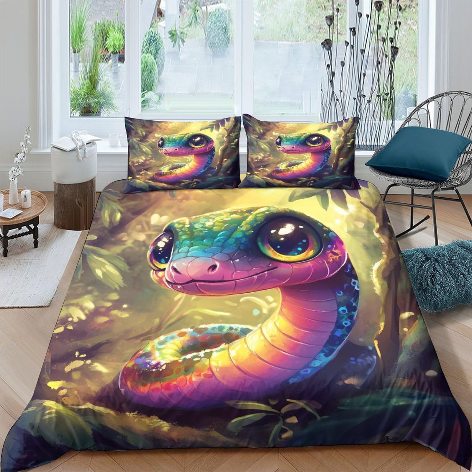 Ctjqhvkz Style-2 3D Printed Colorful Fantasy Snake Fitted Sheet Microfiber Soft Breathable Jungle Art Mattress Cover For Bedroom Dorm Decor Single（135X200cm）