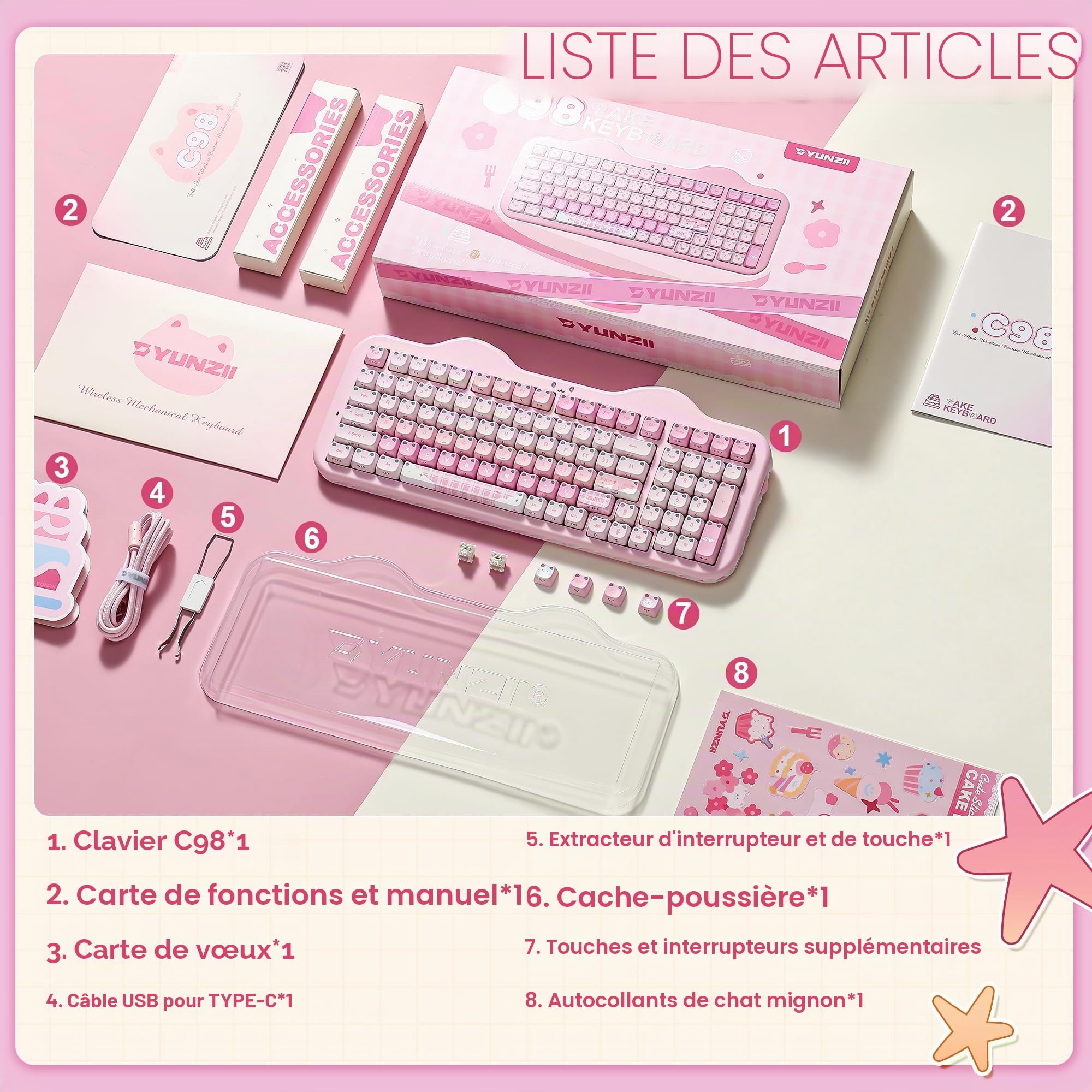 YUNZII C98 Clavier Mécanique sans Fil Thème Gâteau (Rose Mao, Candy) | Touches Transparentes MAO Oreilles de Chat, Bluetooth/2.4G/USB-C Filaire, Gasket, RGB, QWERTY, pour PC/Mac
