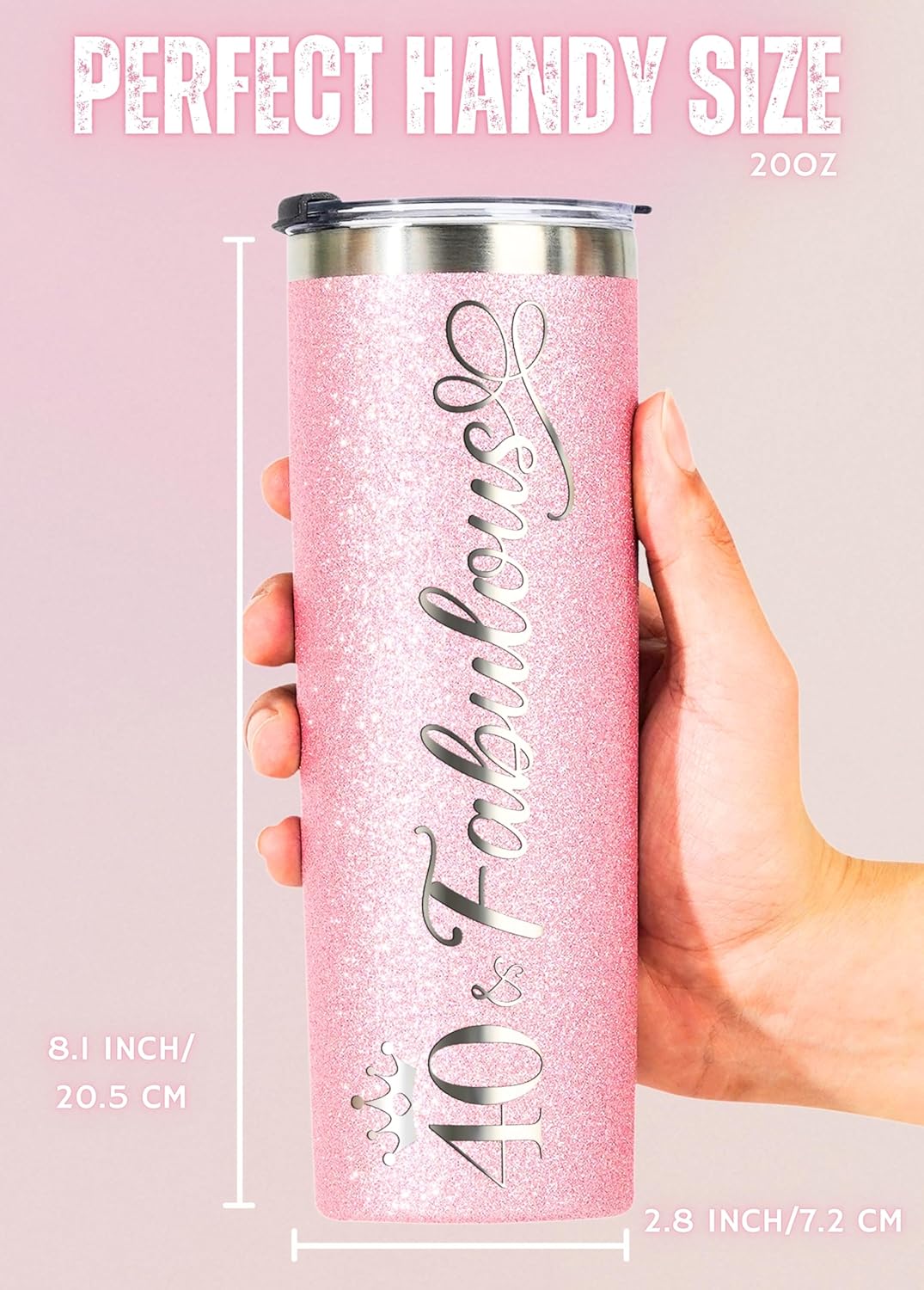 Onebttl 40th Birthday Gifts for Women, Female, Her, 40 and Fabulous, 20oz/590ml Stainless Steel Insulated Glitter Tumbler, Glitter Rose Gold - Image 5