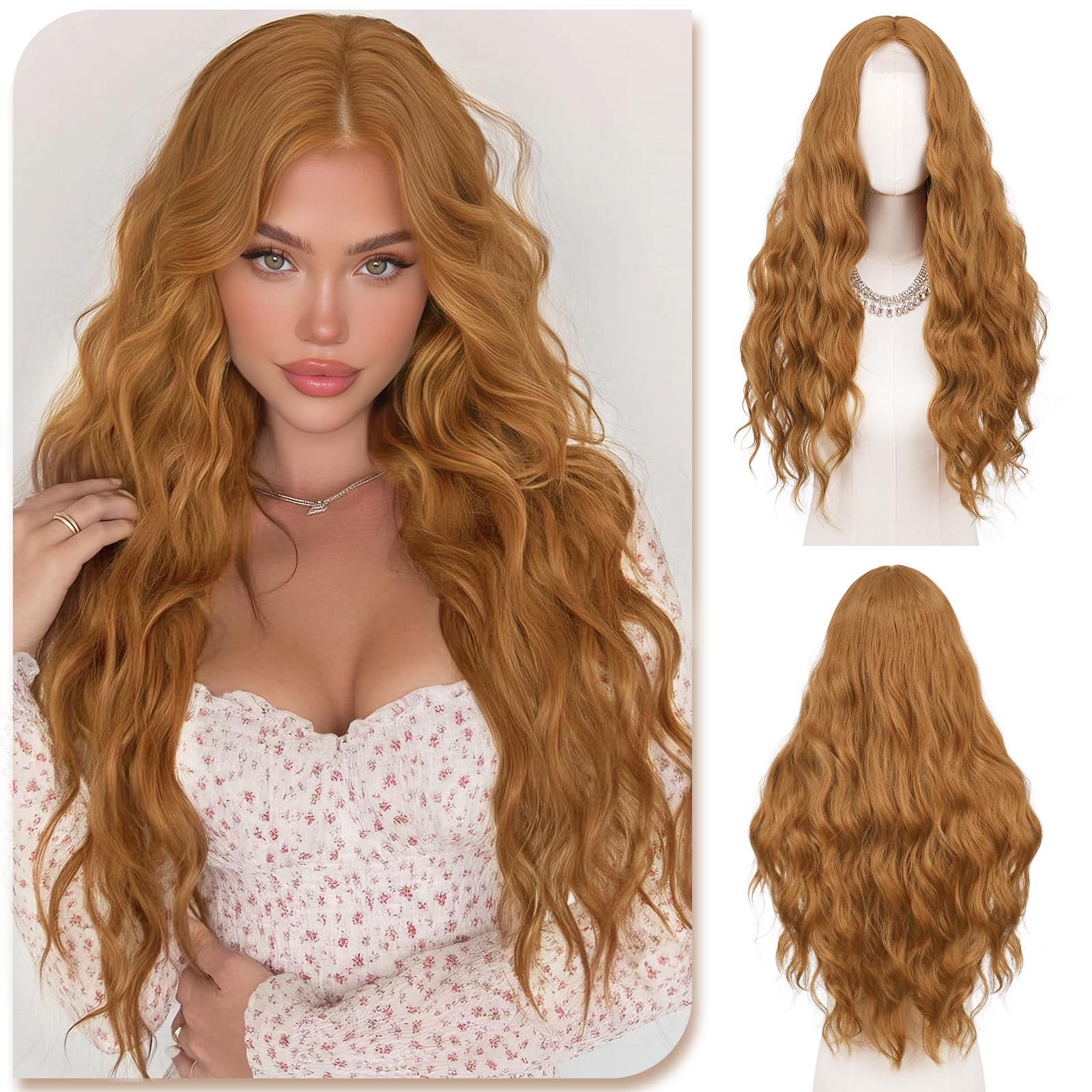 Sofeiyan Perruque Longue Bouclée 70 cm Gingembre Doré Synthétique Résistante à la Chaleur Front Dentelle Raie Milieu