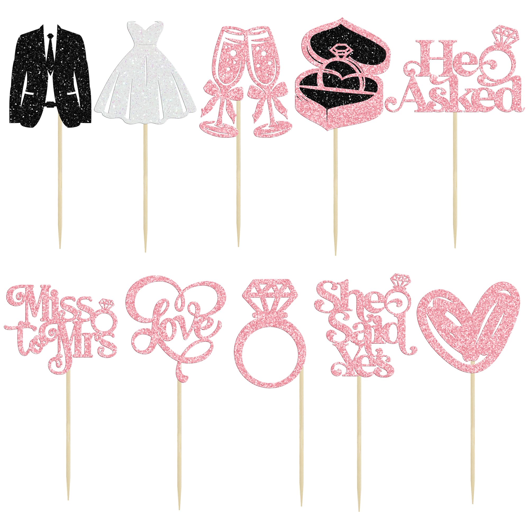 Gyufise 30Pcs She Said Yes Cupcake Toppers Glitter Diamond Ring I Do Love Cupcake Picks Miss to Mrs He Asked Bridal Shower Wedding Engagement Bachelorette Cake Decoration Pink - Image 3