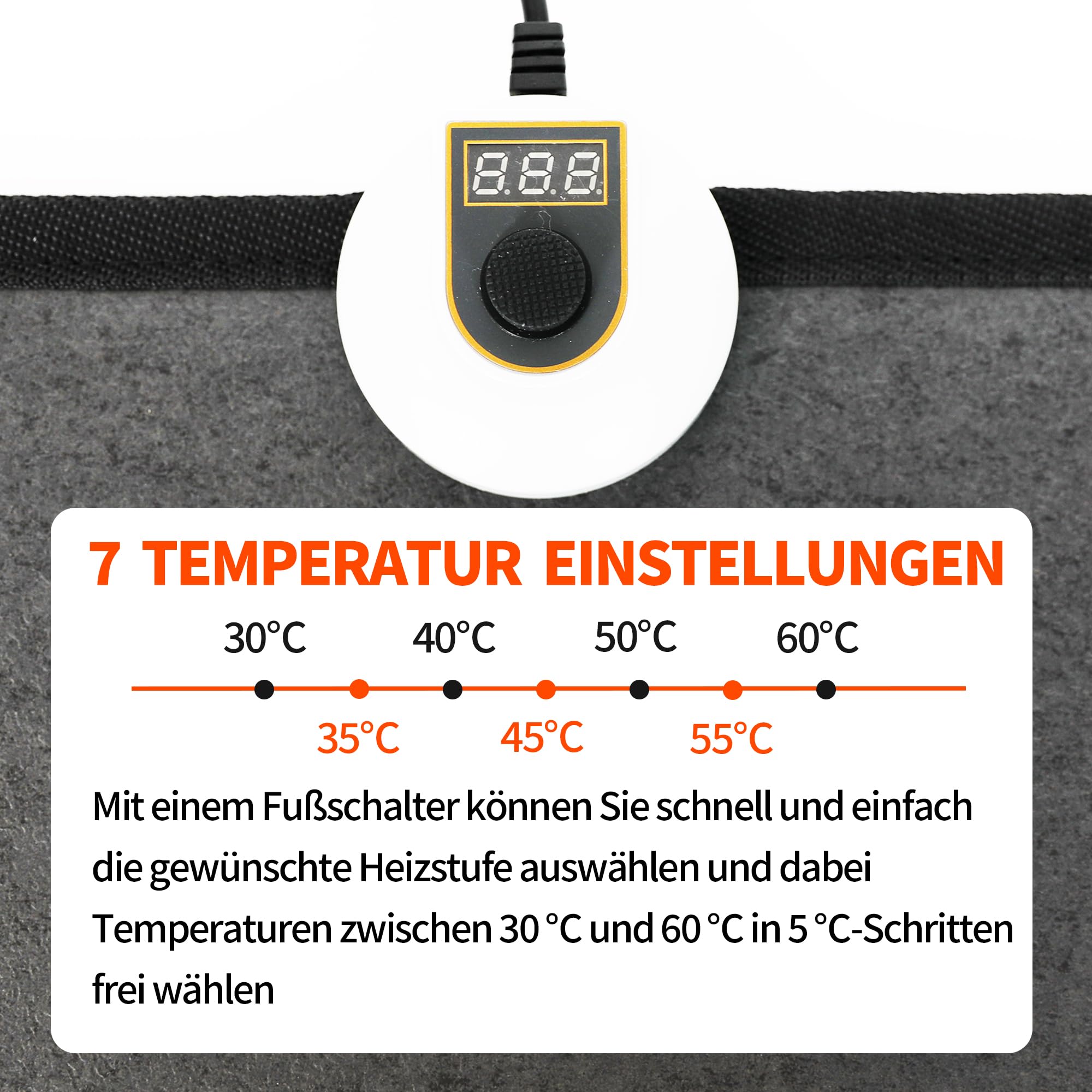Elektro Fußwärmer 55W 230V mit 7 Temperaturstufen Fußschalter Auto Off wasserabweisend rutschfest für alle Böden(schwarz)