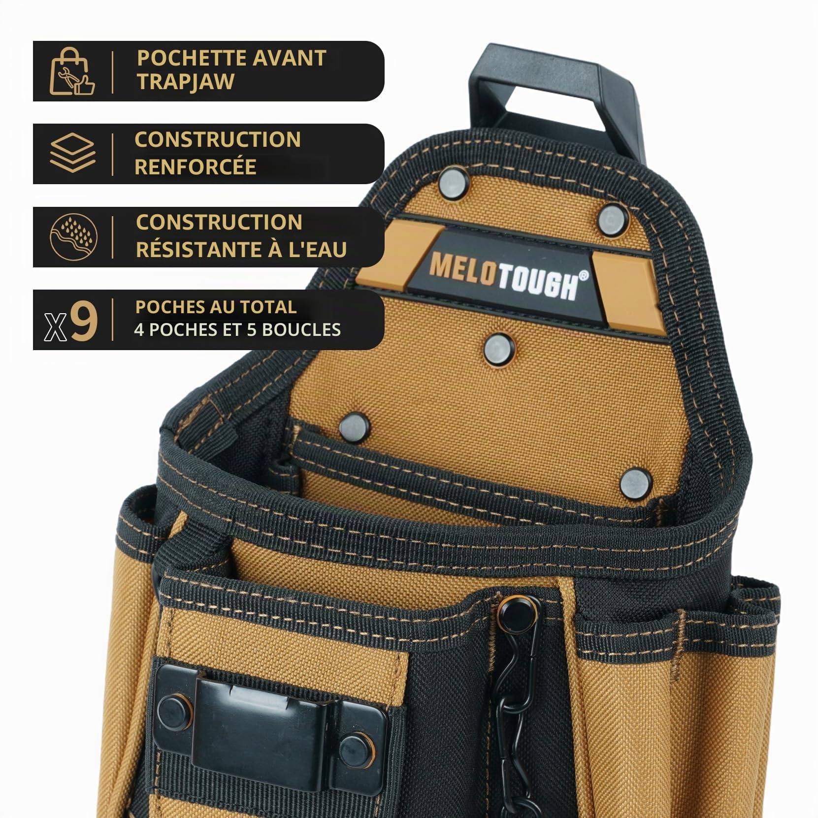 MELOTOUGH Pochette à outils avec clip de ceinture, 9 poches, sac à outils pour homme de travail, pochette avec ruban adhésif, étui à outils d'électricien
