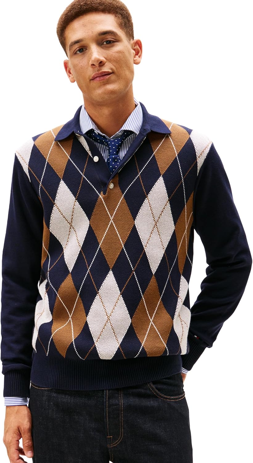Tommy Hilfiger Men's Cotton Argyle Long Sleeve Pullover Sweater Polo