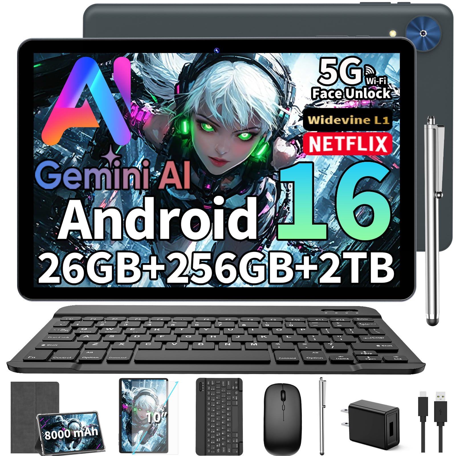 2026 Android 16 Tablet with Keyboard, Gemini AI 10 Inch Tablet, Silver Case | 26GB+256GB+2TB Expand, 2-in-1 Tablets with 8-Core, WiFi, 8000mAh, GMS, GPS, Electronic Tablets PC with Mouse, Case, Stylus