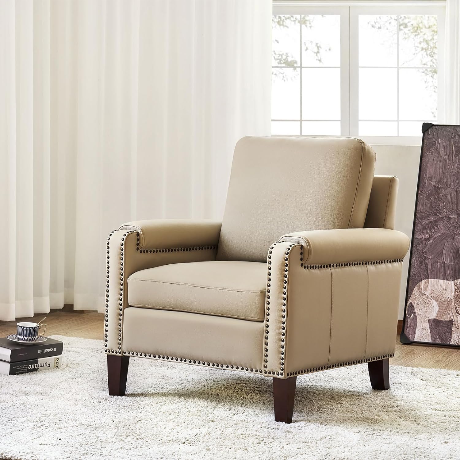 HULALA HOME Genuine Leather Accent Chair with Wooden Legs & Nailhead Trim, Comfy Upholstered Armchair with Removable Cushion & Rolled Arms Set of 2(Beige)