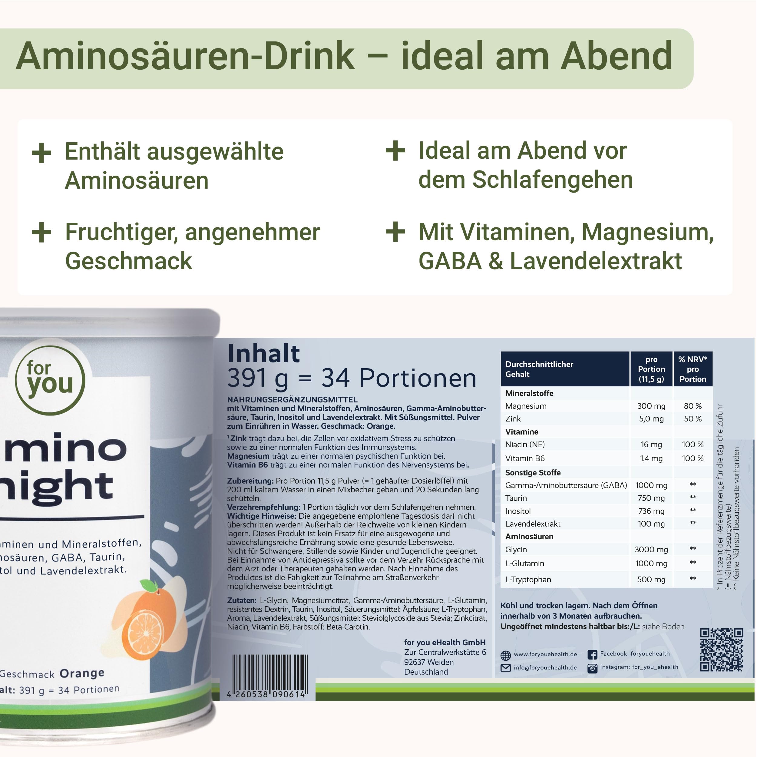 for you amino night I Pulver für die Nacht mit GABA, Lavendel, L-Glutamin, L-Tryptophan & Inositol I 391g versetzt mit Magnesium, Zink & Vitamin B6 | (Doppelpack Orange)