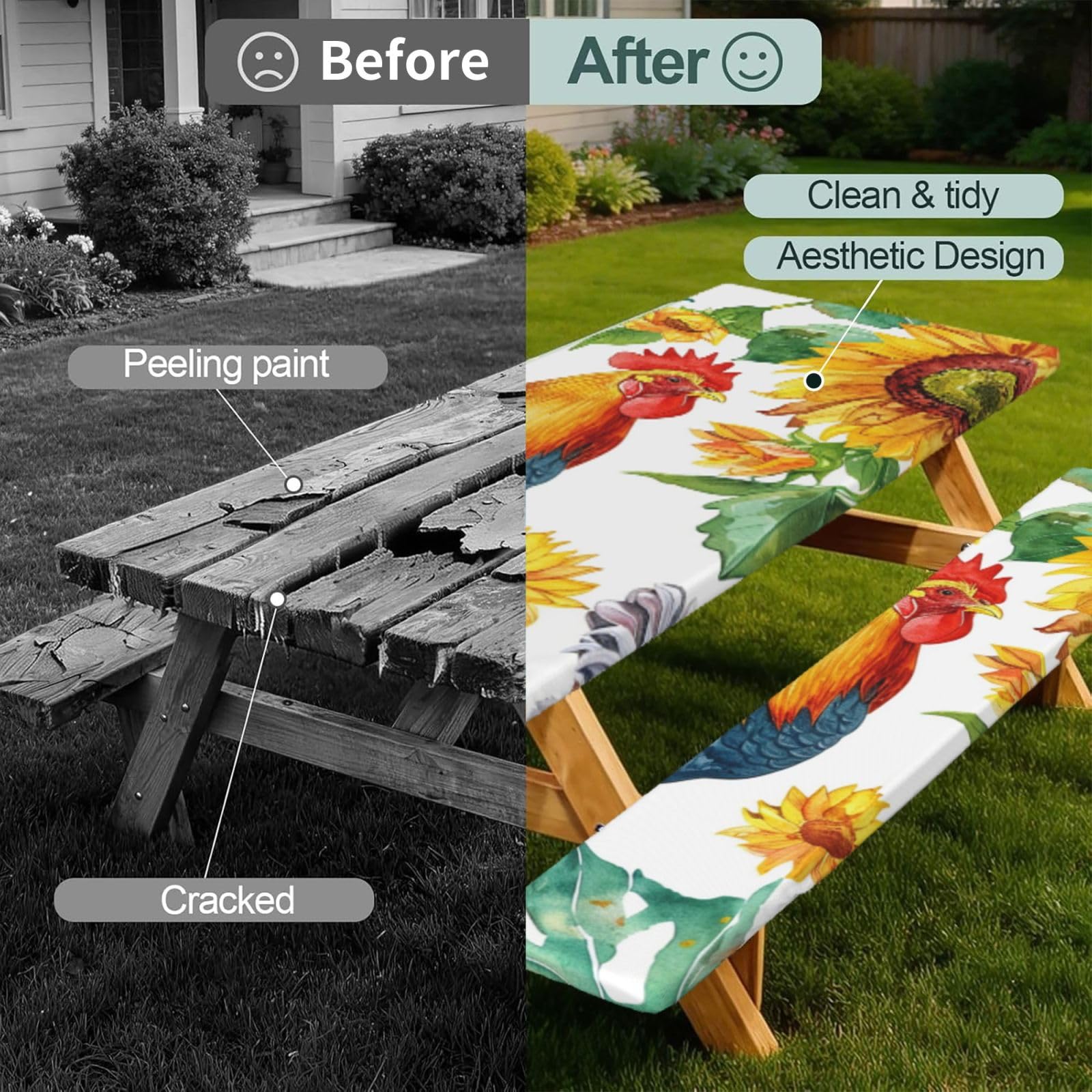 Nappe de pique-nique ajustée avec housses de banc, nappe de camping imperméable pour l'extérieur - Motif tournesol aquarelle - 183 cm