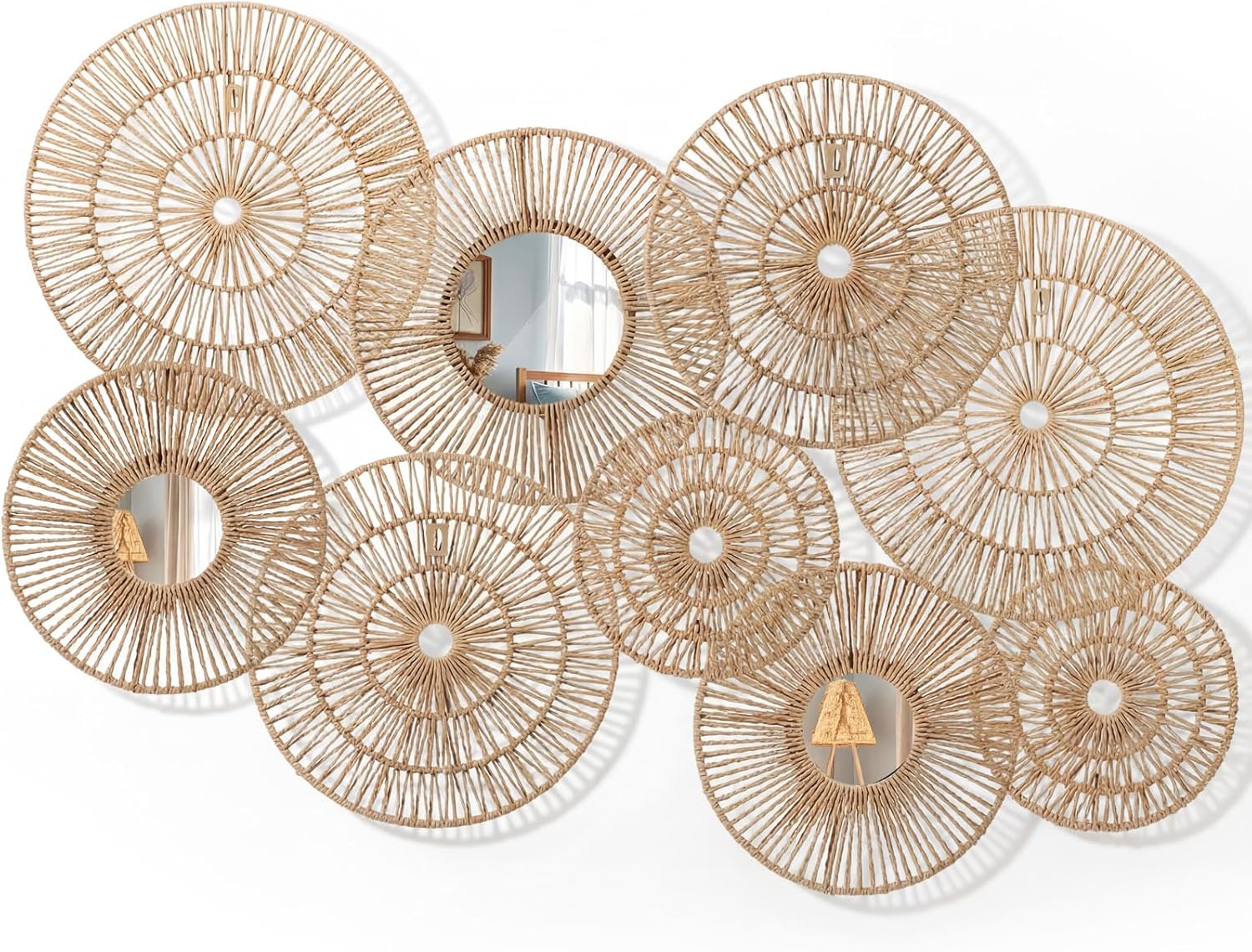 Yerliker 9 Pack Wicker Jute Wall Decor Baskets - Wicker Woven Jute Wall Mirrors Baskets Decorative Boho Hanging Woven Basket, Rustic Round Mirrors Natural Home Decor Set for Bedroom Living Room