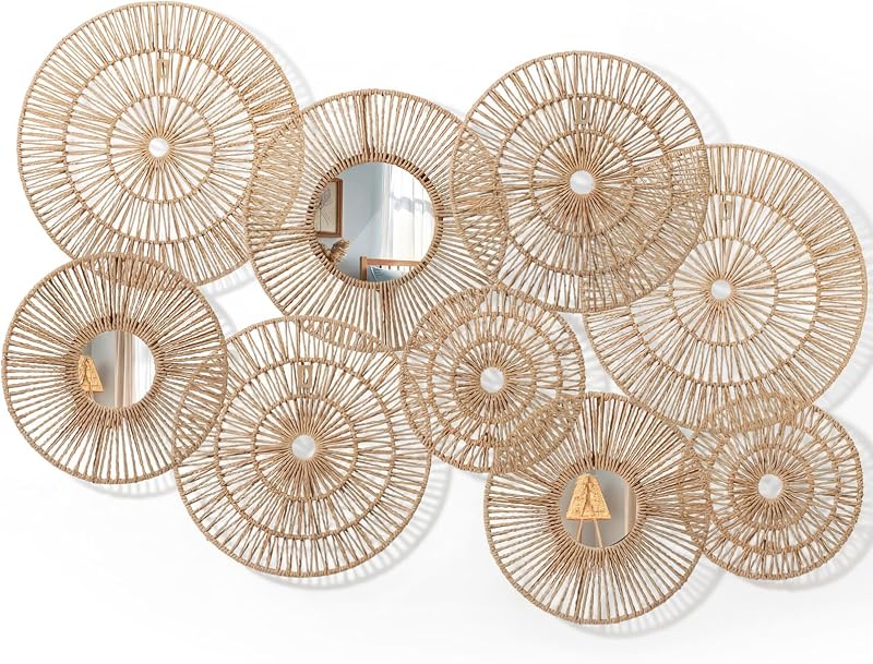 Yerliker Paquete de 9 cestas de mimbre para decoración de pared de yute – Cestas de espejo de pared de yute tejidas de mimbre, cestas decorativas bohemias para colgar, espejos redondos rústicos, juego de decoración natural para el hogar para dormitorio, sala de estar