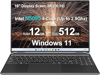 Ruzava/Aocwei 16" Laptop 12+512GB Newest CPU N5095 (Up to 2.9Ghz) 4-Core Win 11 PC with Cooling Fan 1920 * 1200 2K Screen Dual WiFi Support 2.5" HDD 1TB SSD Expand for Game Work Study-Black