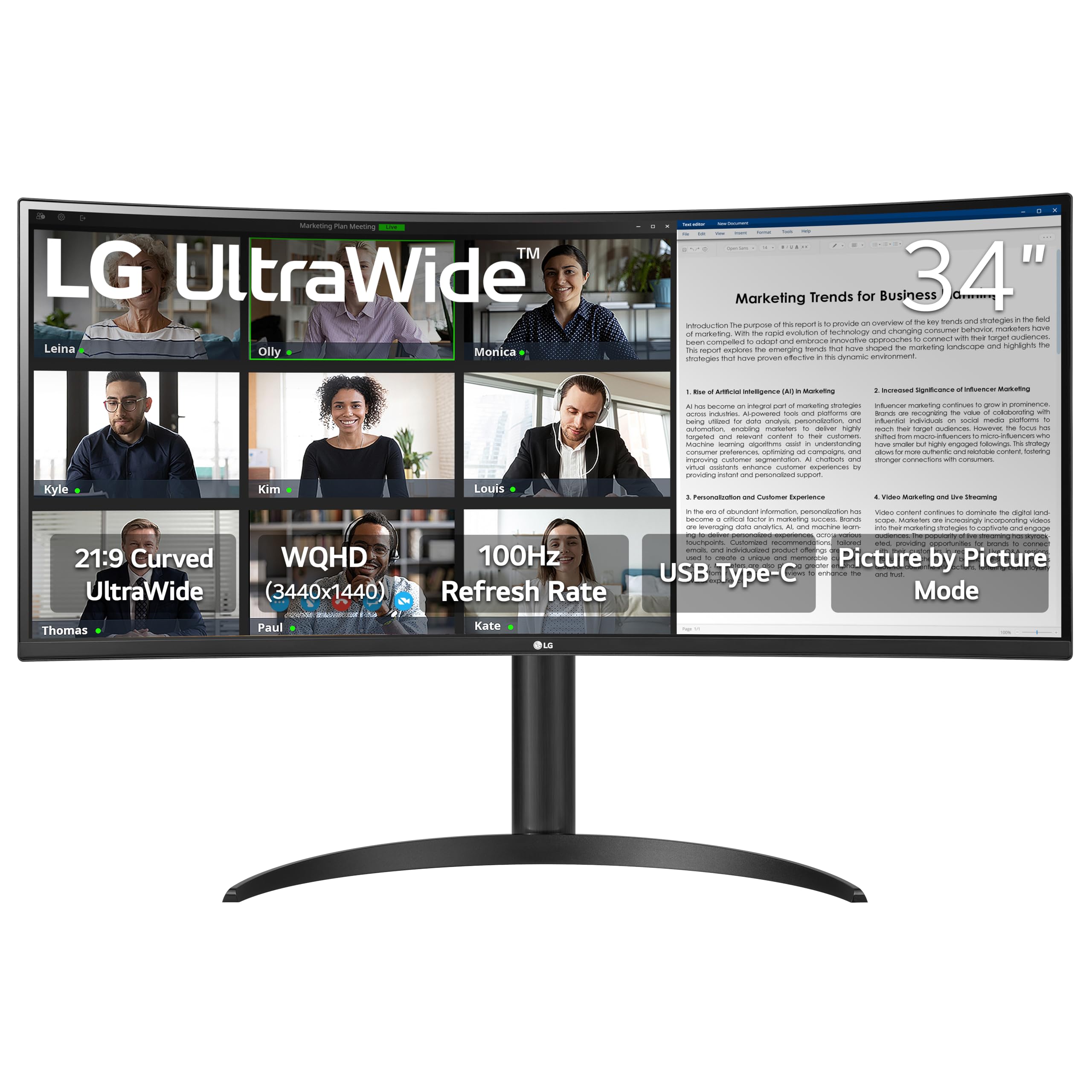 LG 34WR55QK-B 34-inch UltraWide WQHD 3440 x 1440 Curved Computer Monitor 100Hz 5ms HDR10 Reader Mode HDMI DisplayPort