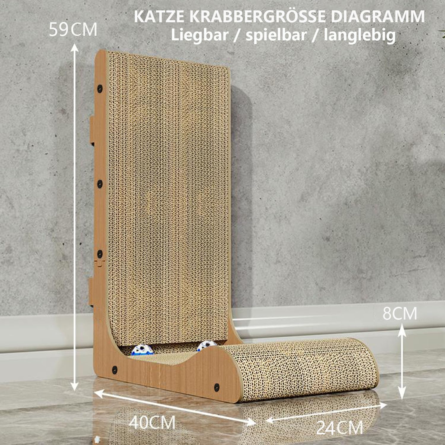 Rascador para gatos en forma de L montado en la pared, 60 cm, vertical/horizontal, de cartón con juguete de bola, diseño duradero que ahorra espacio para gatos de interior