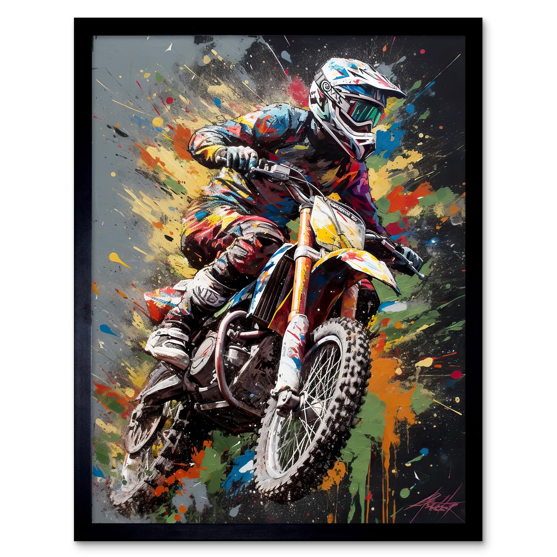 Artery8 Framed Black 12X16 Dirt Bike Sport Splatter Paint Motocross Rider Art Print Framed Poster Wall Decor 12X16 Inch