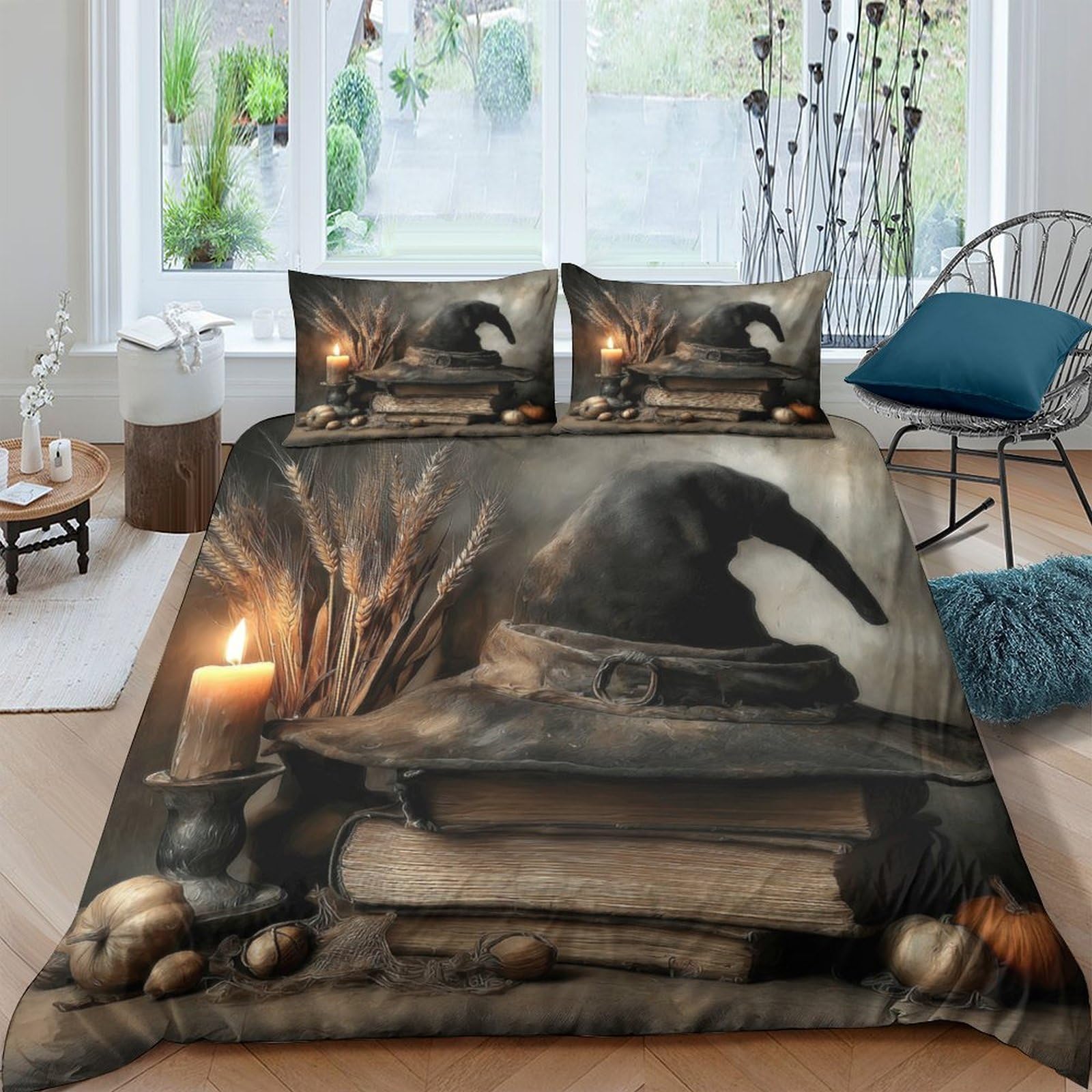 GPLZQXKJNH 3D Printed Gothic Raven Duvet Cover Microfiber Soft Breathable Candle Book Bedding Set with 2 Pillowcases for Bedroom Decor Single（135x200cm）
