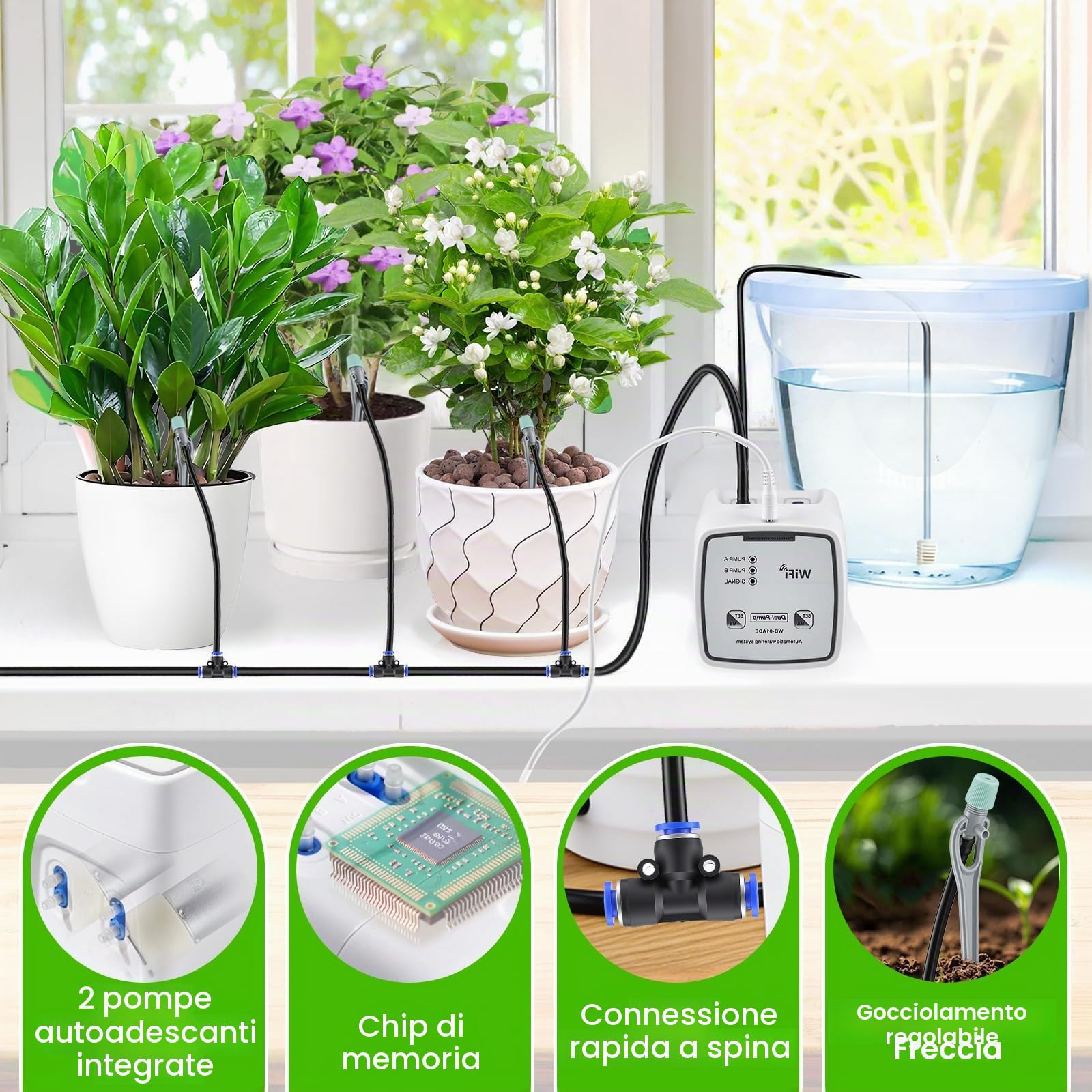 Kit di Irrigazione a Goccia WiFi con Controllo APP, Portata d'Acqua Regolabile, Sistema Irrigazione Automatica per Fino a 20 Vasi da Interno, Tempestiva Irrigatore Giardino per Piante, Doppia Pompa