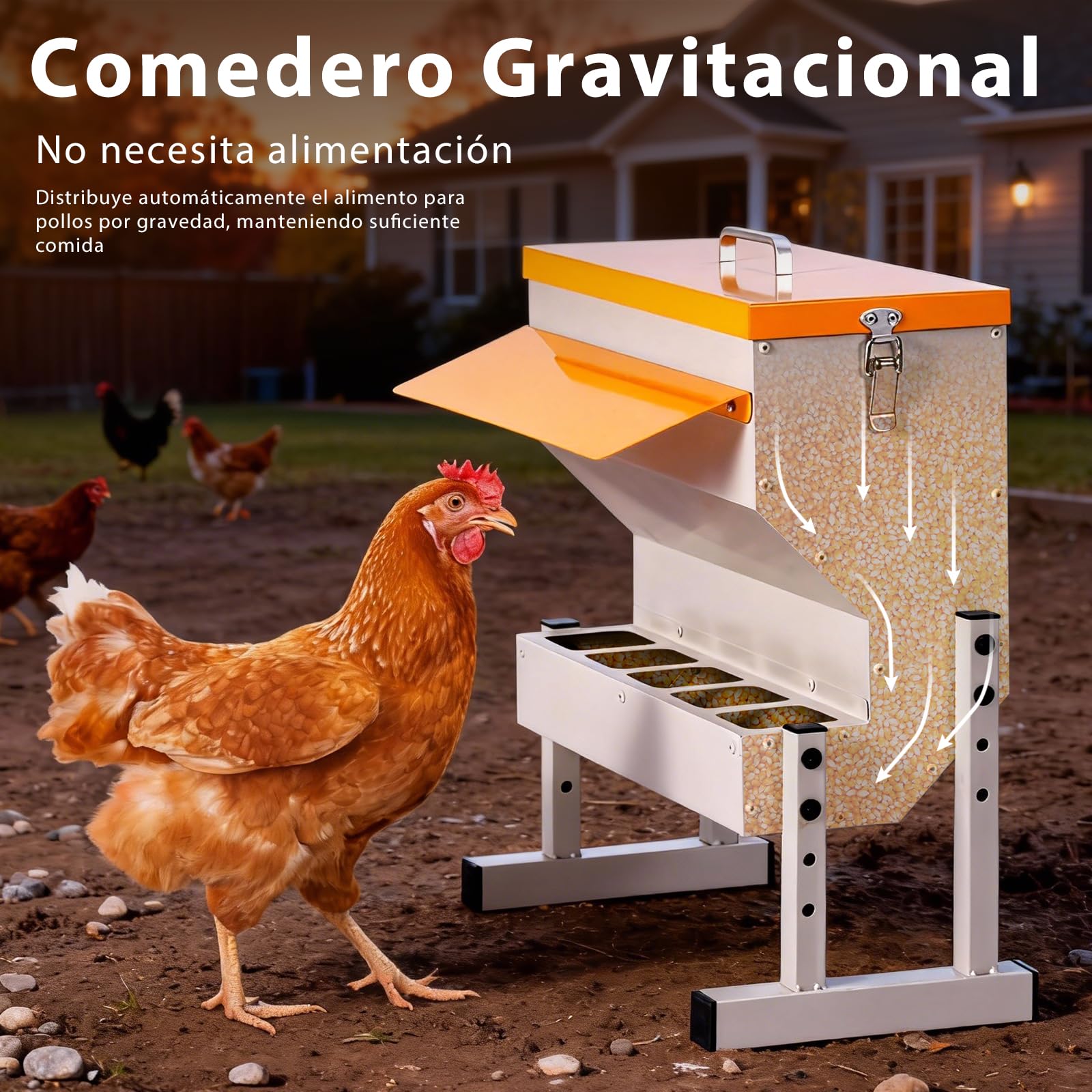 Comedero Automático de Gallinas de Metal de 16 L con Patas, Colgante, Firme | Distribuidor Automático de Alimento para Pollos, Aves de Corral y Patos, 5 Tazones de Pollo, Fácil de Montar y Limpiar