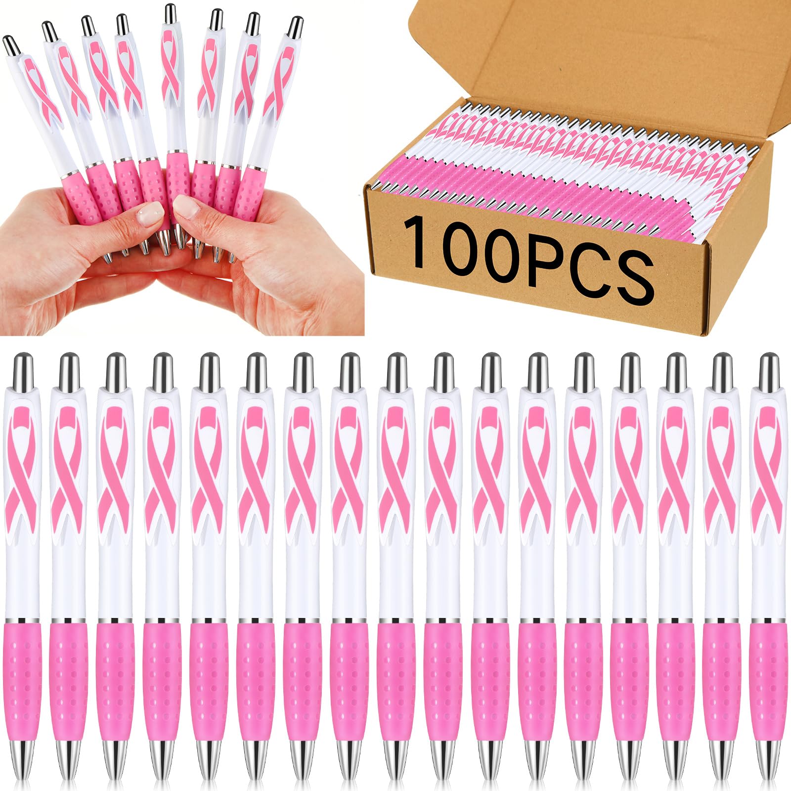 Ctosree Lot de 100 stylos à bille rétractables à encre noire pour la sensibilisation au cancer du sein - Stylo à bille en plastique rose pour la sensibilisation au cancer du sein - Cadeau pour femme