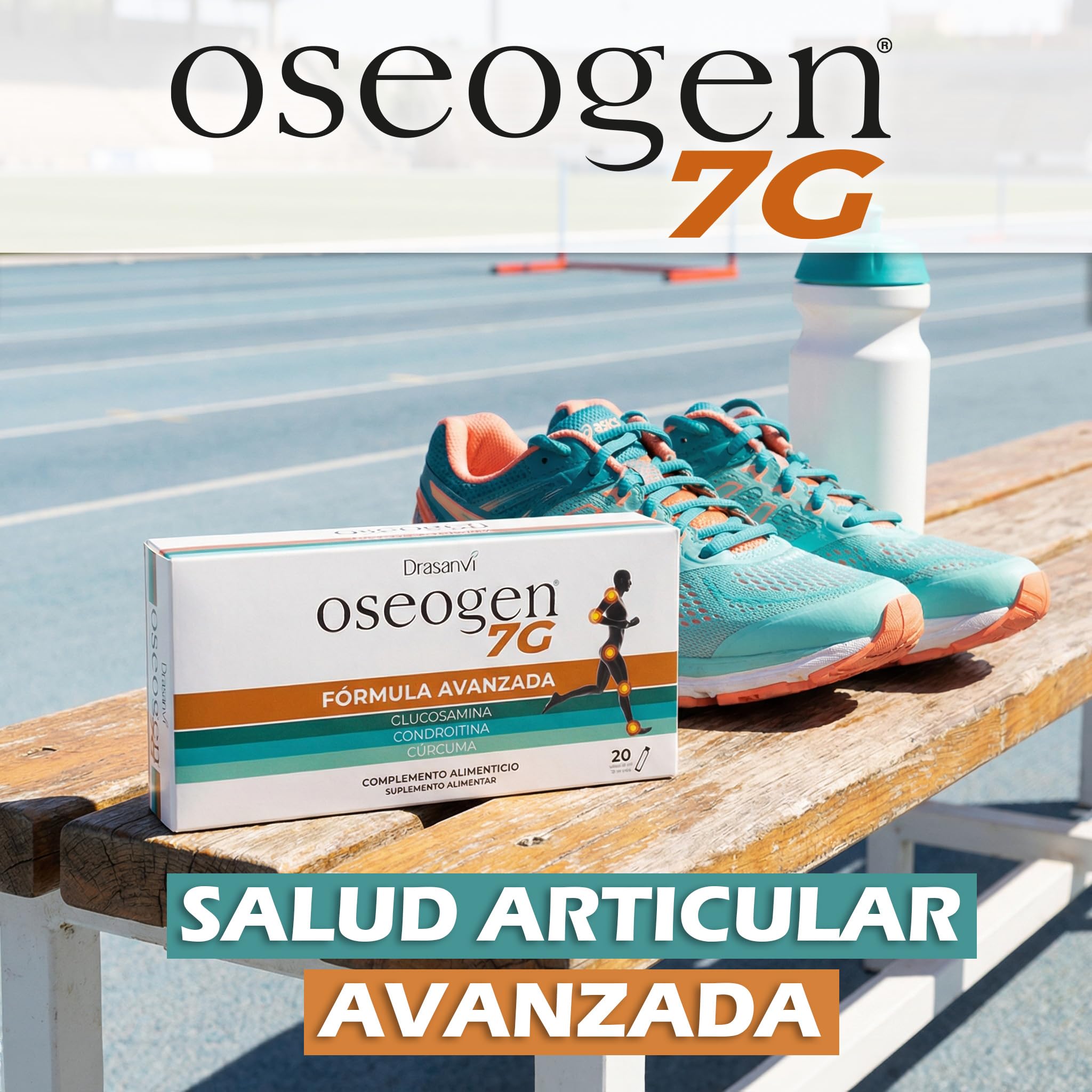 Drasanvi OSEOGEN 7G con Cissus Vitis, Condroitina, Glucosamina, MSM y Cúrcuma para Huesos, Cartílagos y Articulaciones,ayuda en la Regeneración de Tejidos Dañados, 20 Viales = 20 Días, Sabor Naranja