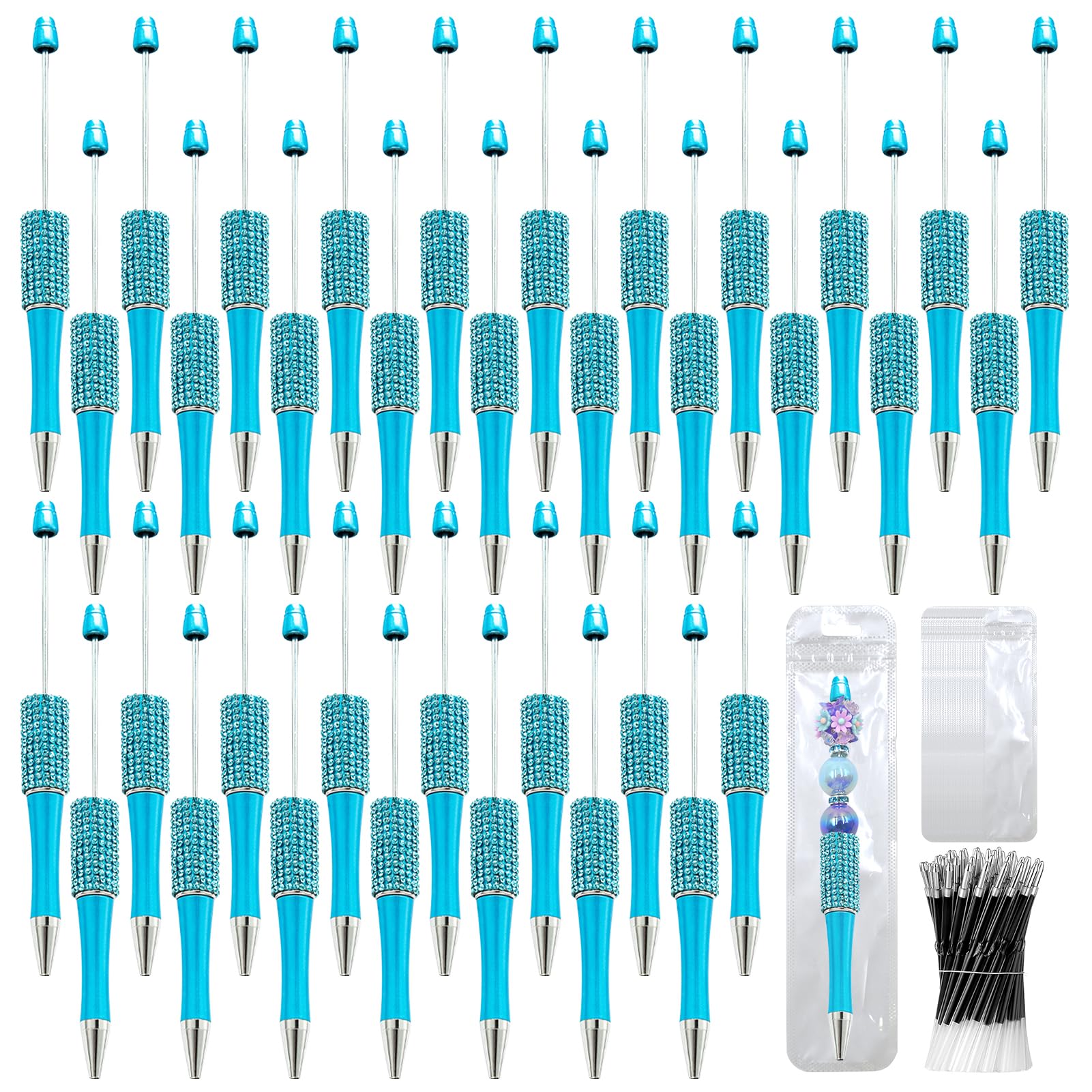 150 Pcs DIY Diamond Beadable Pen Kit - 50 Plastic Rhinestone Beaded Pens Bulk with Refills &amp; Bags - Fancy Cute Glitter Pens for Crafting, Students &amp; Teachers – School Supplies (Blue)
