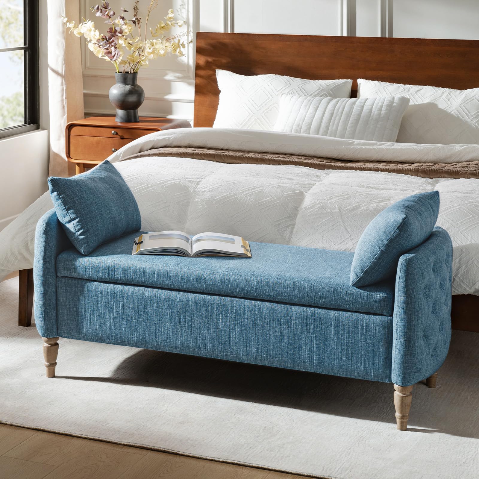 Storage Bench for Bedroom with Throw Pillows, 59" Large Bedroom Ottoman Bench with Solid Wood Frame, Comfy Upholstered Footstool with Flip-top for Living Room, Entryway, Navy