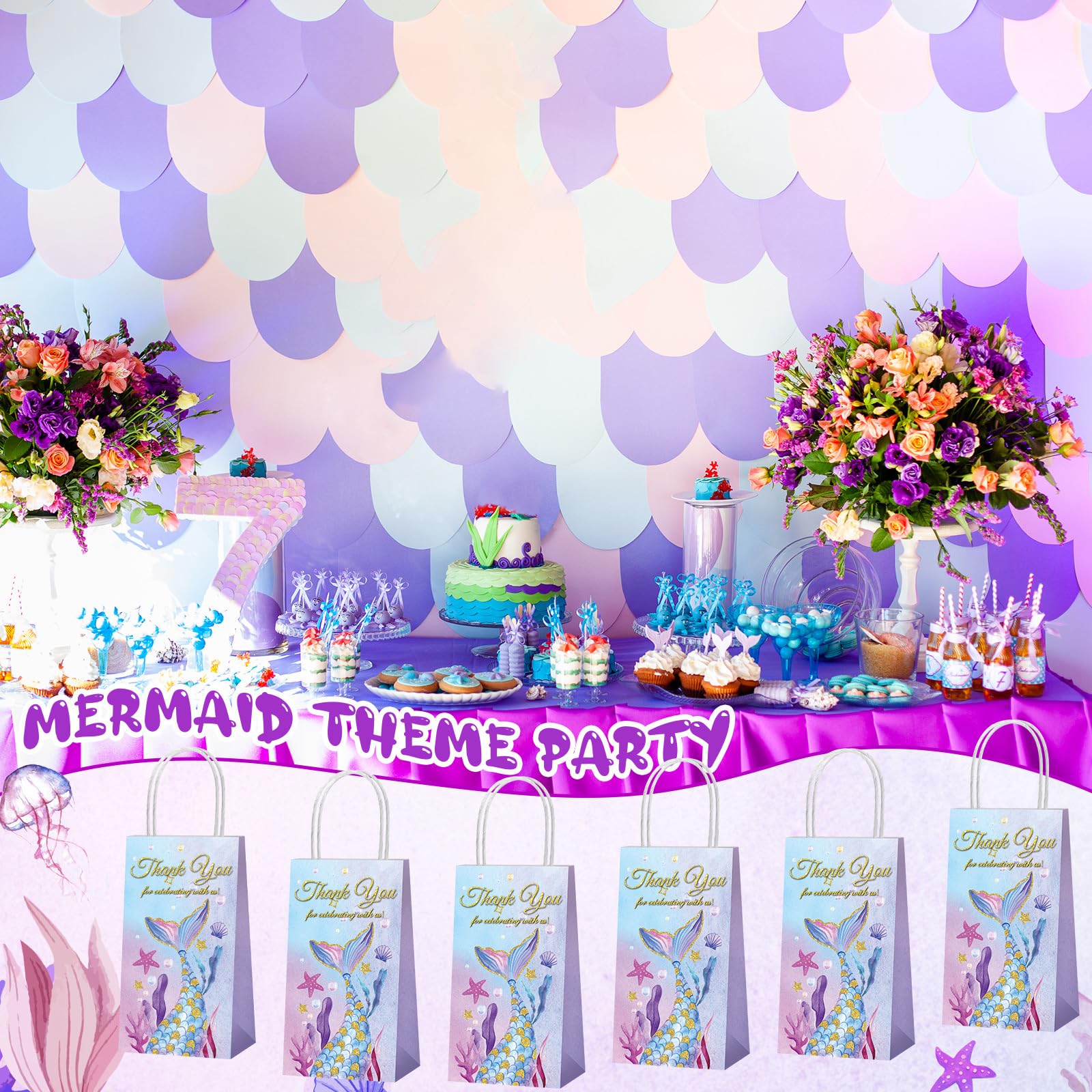 Fumete 20 Pcs Mermaid Gift Bags Mermaid Party Favor Bags Thank You Goodie Candy Treat Containers with Handles for Birthday Baby Shower Party Decoration Supplies(Mermaid Tail)
