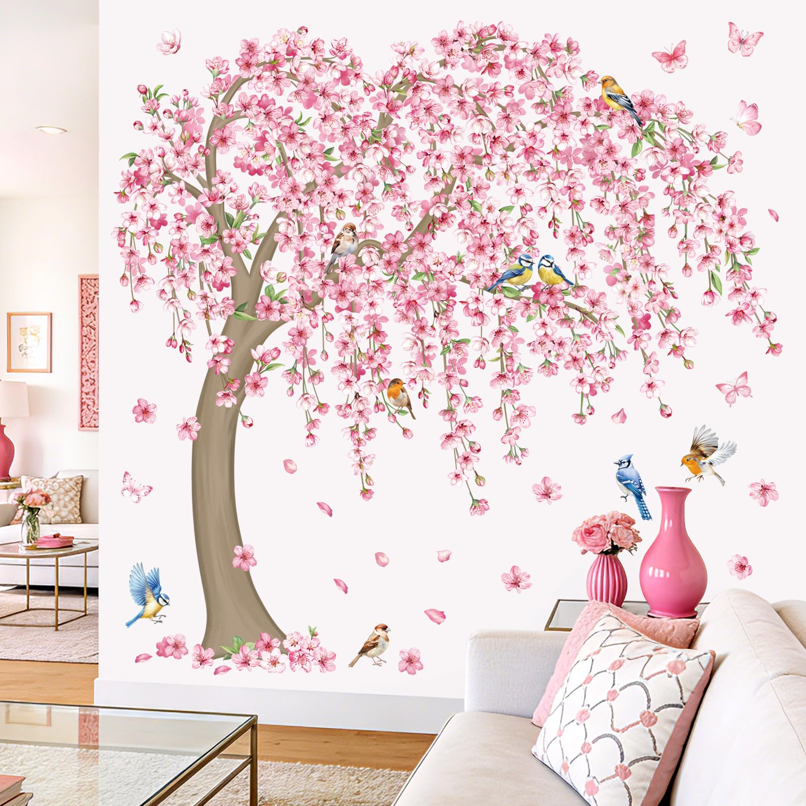 decalmile Stickers Muraux Fleurs de Cerisier Roses Autocollant Mural Grand Arbre Floral Oiseaux Décoration Murale Salon Chambre Mur TV