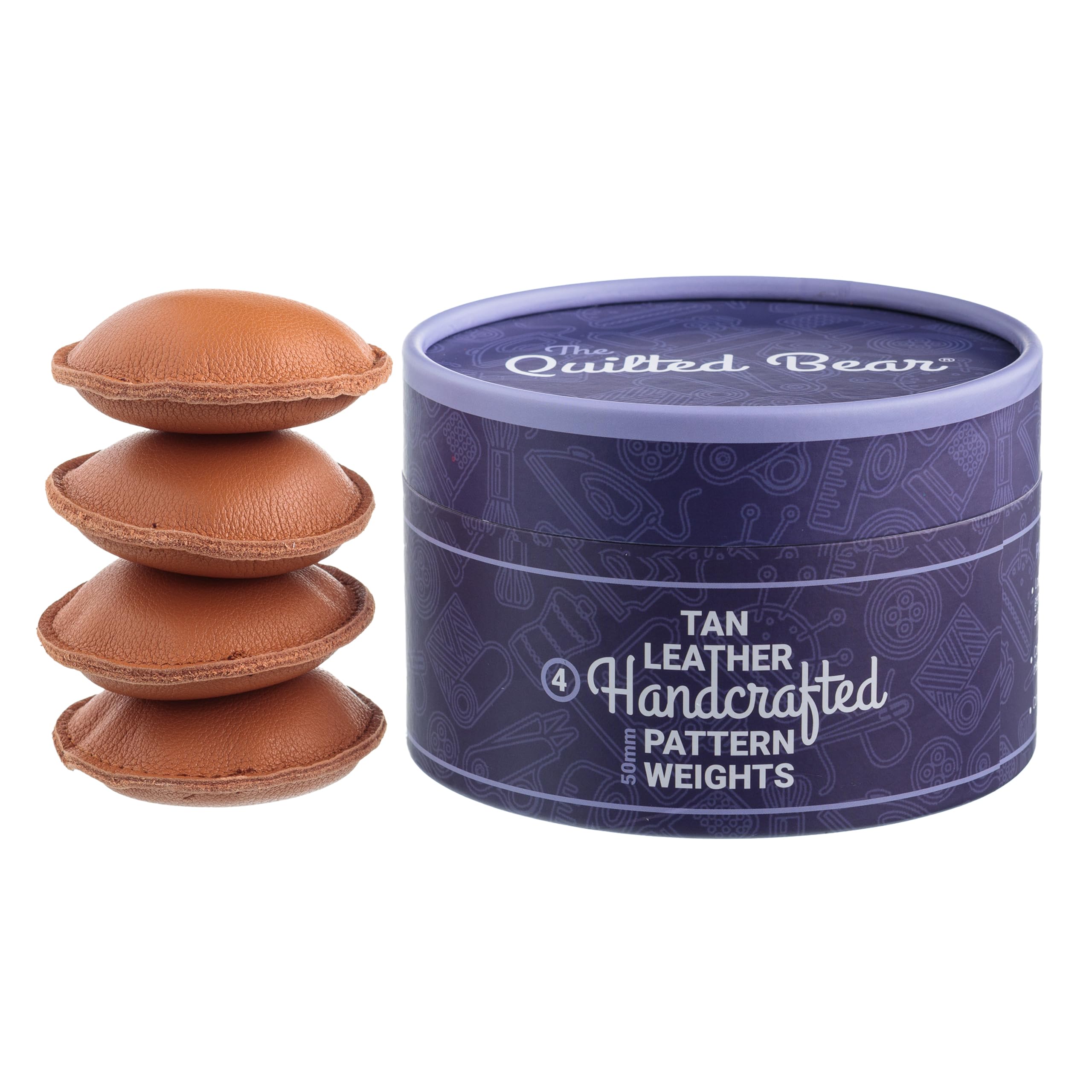 The Quilted Bear Leather Pattern Weights 4 x 50mm - Genuine Leather Paper & Fabric Weight for Sewing, Cutting & Pattern Paper, Poster Weights with Storage Box (Tan)