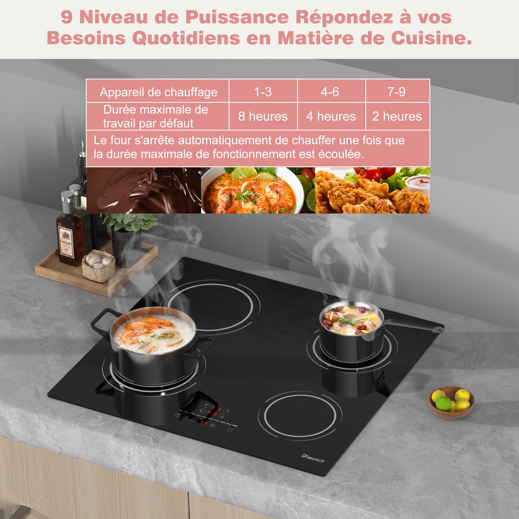Plaque Induction 4 Feux avec Zone Flexible | Encastrable 60cm, 6400W, Curseur Tactile, Fonction Pause, 9 Niveaux, Minuterie, Verrou de Sécurité, 220V