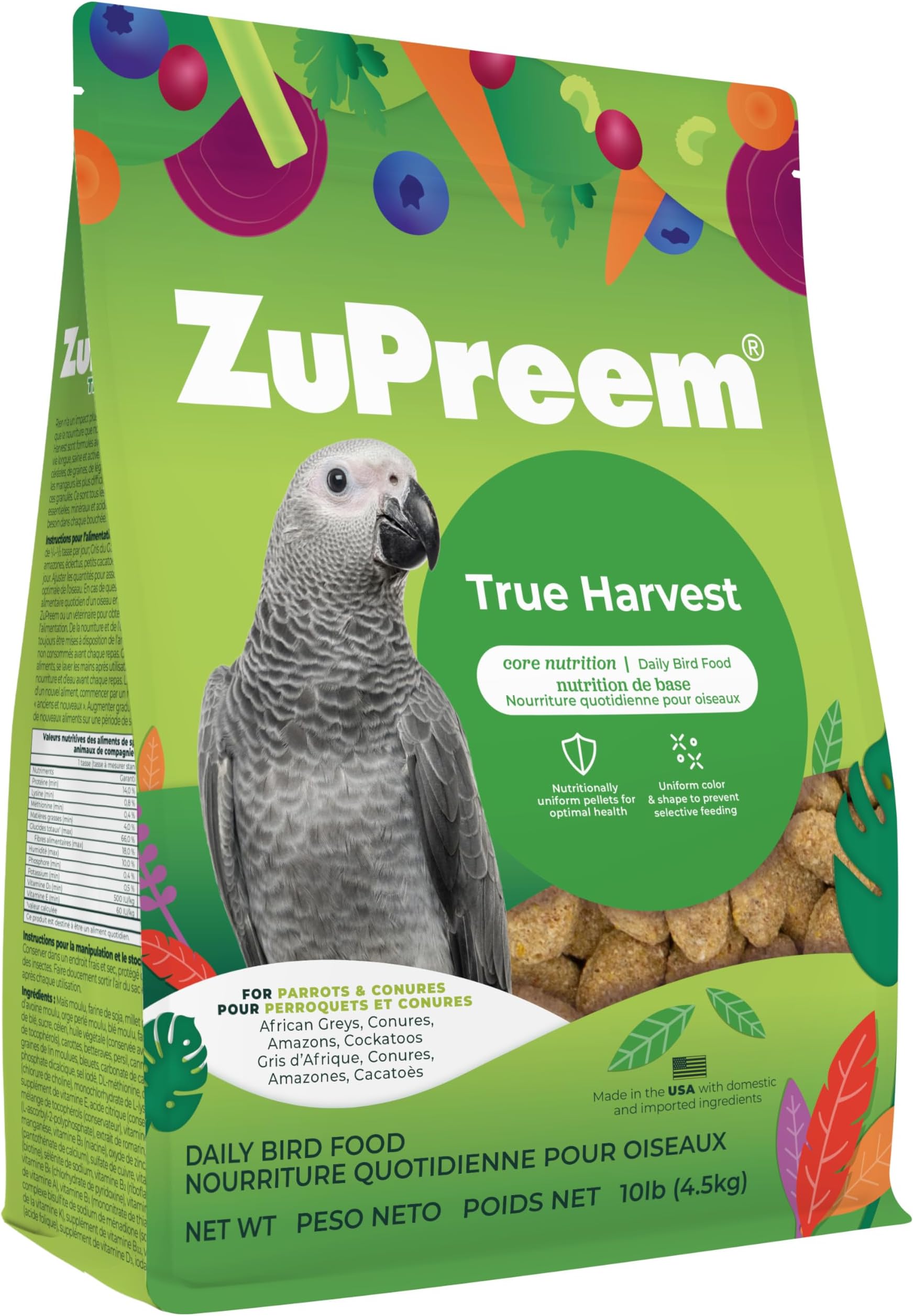 ZuPreem True Harvest Bird Pellets, Daily Bird Food for Parrot, Conure, Caique, African Grey, Eclectus, Small Cockatoo, Core Nutrition for Medium Large Birds, Added Vitamins, Parrot Food (ML, 10 lbs)