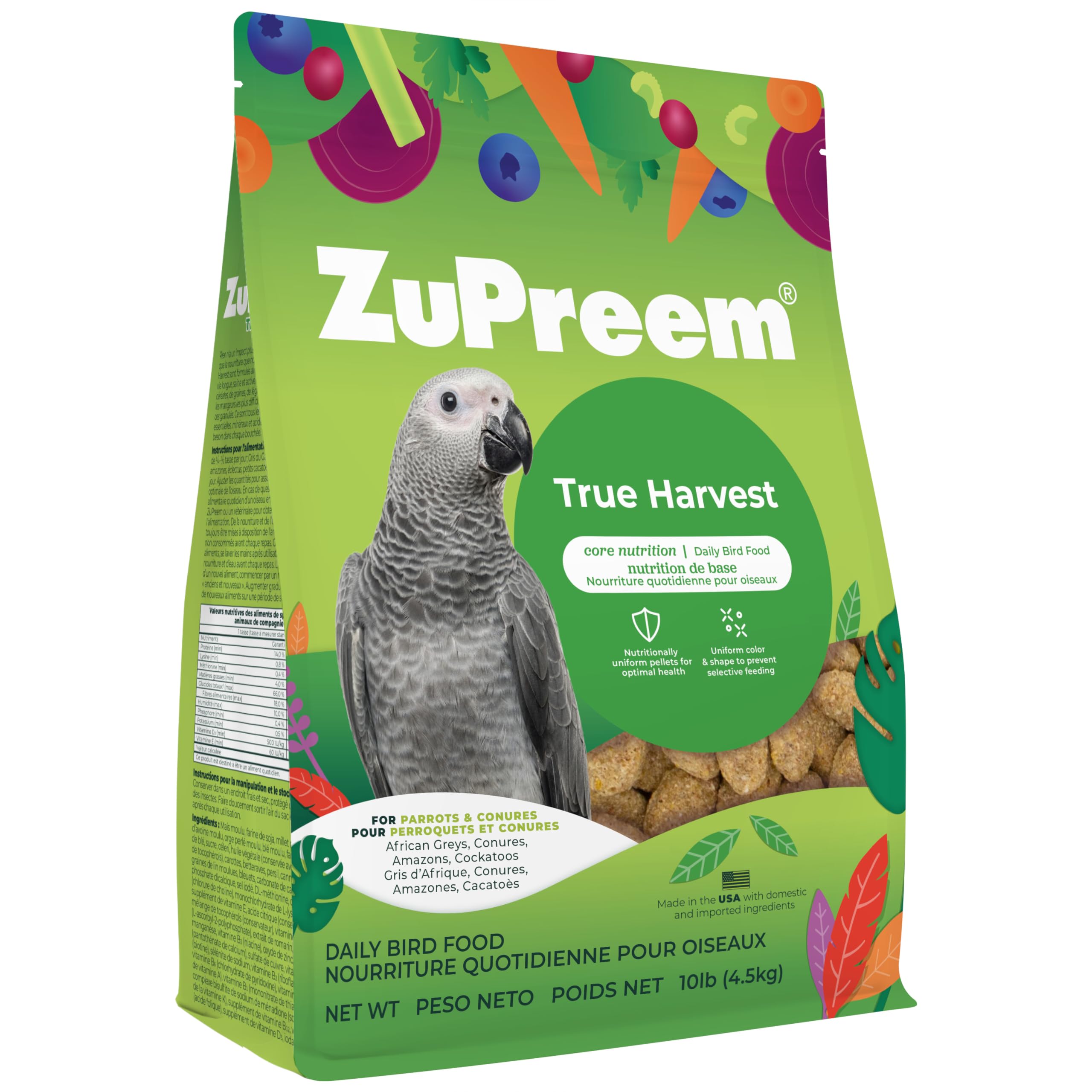ZuPreem True Harvest Parrot & Conure Food, Uniform Bird Food, M/L, 10 lb | Bird Food Pellets, ZuPreem Natural Pellets, Conures, African Greys, Caiques, Eclectus, Small Cockatoos, Made in USA Natural Pellets 10 Pound (Pack of 1)