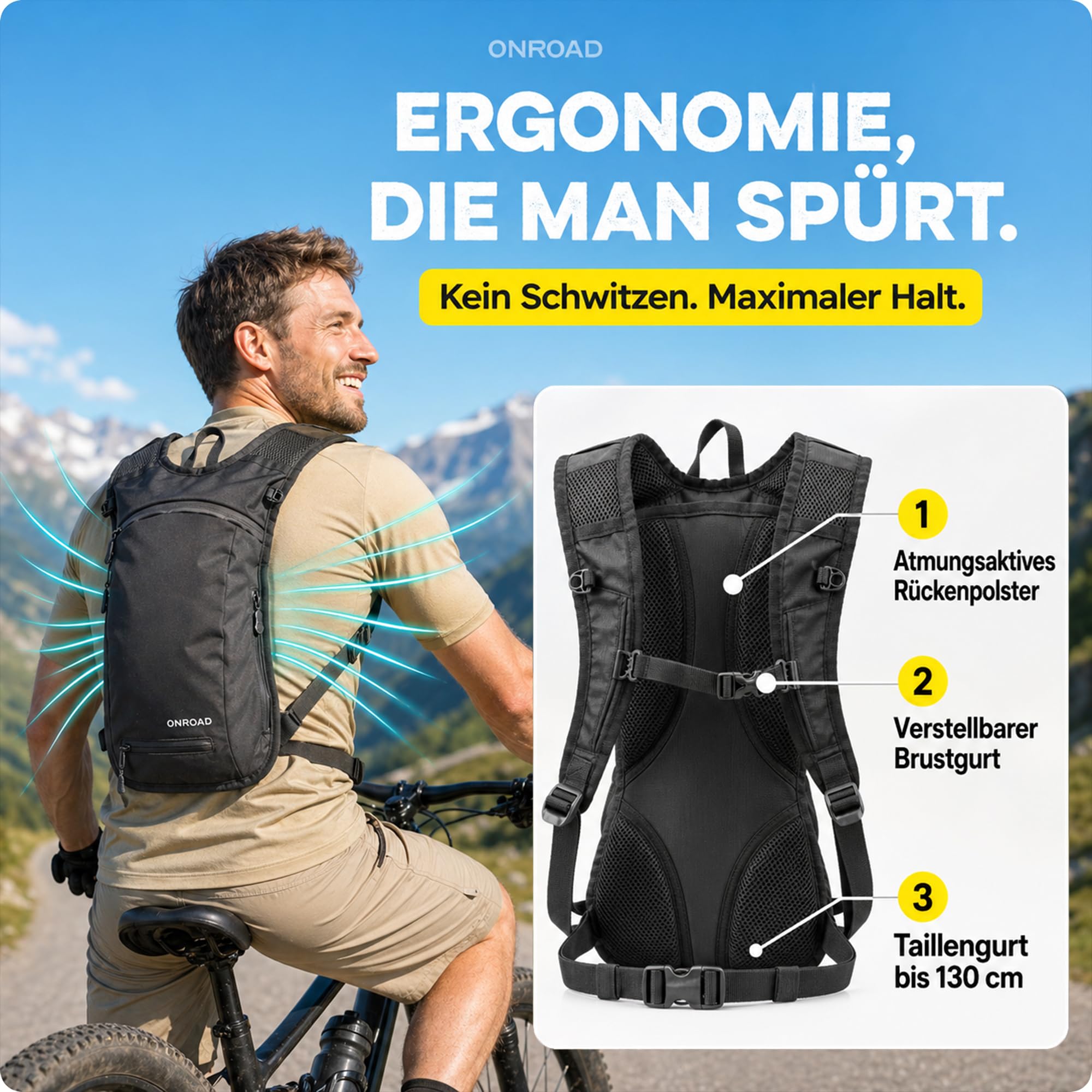 Fahrradrucksack 6L Herren & Damen ONPACK – Ultraleicht 350g – Kleiner Rucksack mit Thermofach & Helmnetz – Kleiner Fahrrad Rucksack für Männer & Damen inkl. Regenschutz, MTB Rucksack