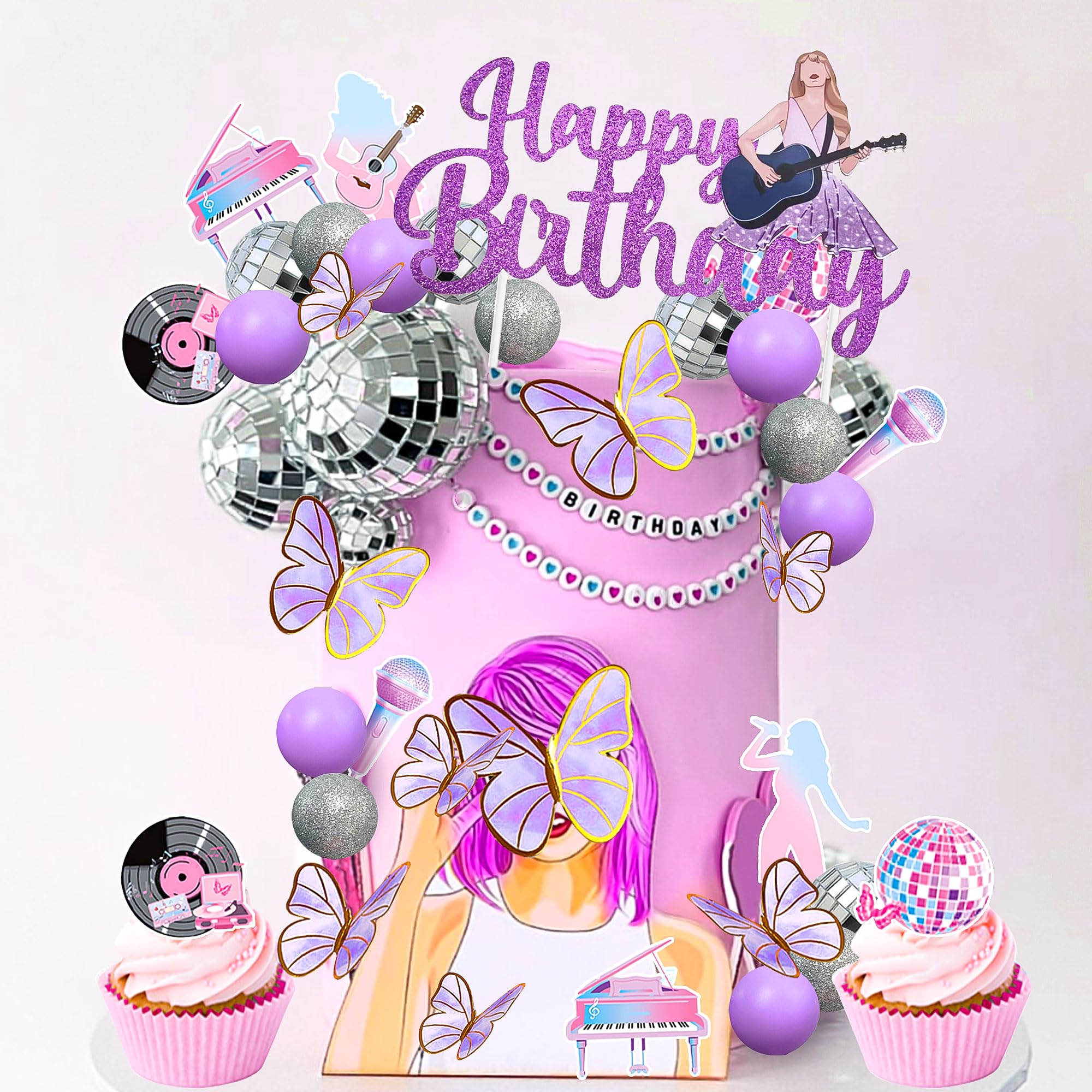 26 PCS Music Cake Toppers Pink Birthday Cake Topper And Disco Cake Topper For Music Birthday Decorations Supplies (1 - View #10