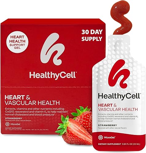 Healthycell Salud cardíaca y vascular, CoQ10, omega-3, resveratrol, vitamina K2, raíz de remolacha, semilla de uva, microgel (30 paquetes de gel)