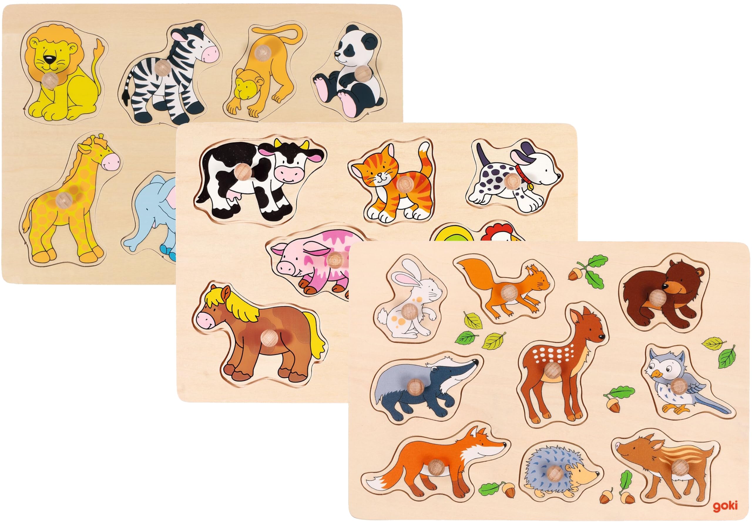 goki Steckpuzzle Set - Bauernhoftiere, Waldtiere, Zootiere - 57387, 57873, 57874