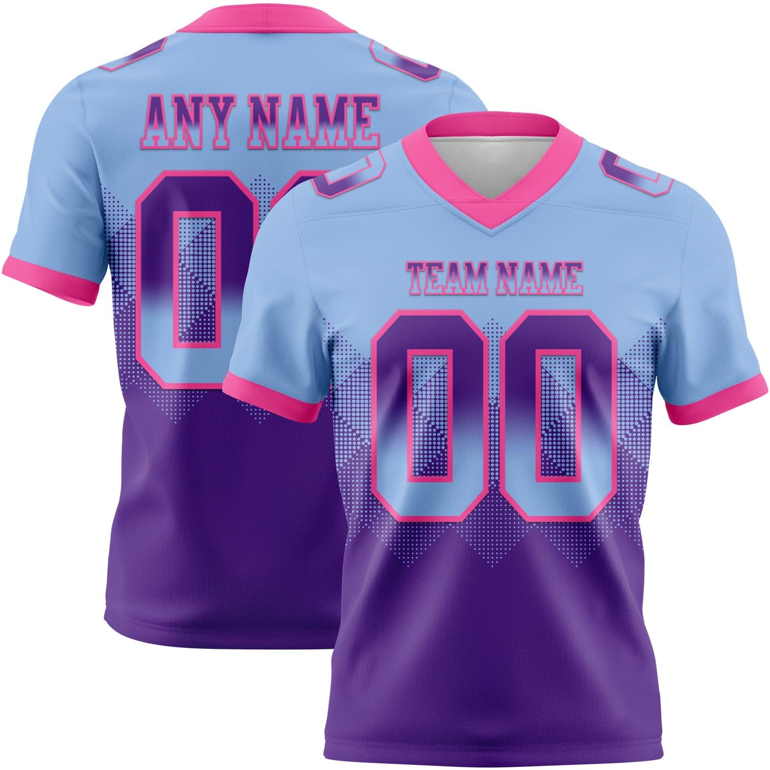 Personalized Light Blue Purple-Pink Mesh Gradient Square Shape Flag Footballs Jersey, Football Jerseys for Men, Custom Football Jersey, Customized Team Name Number Practice Shirt for Men Youth Women