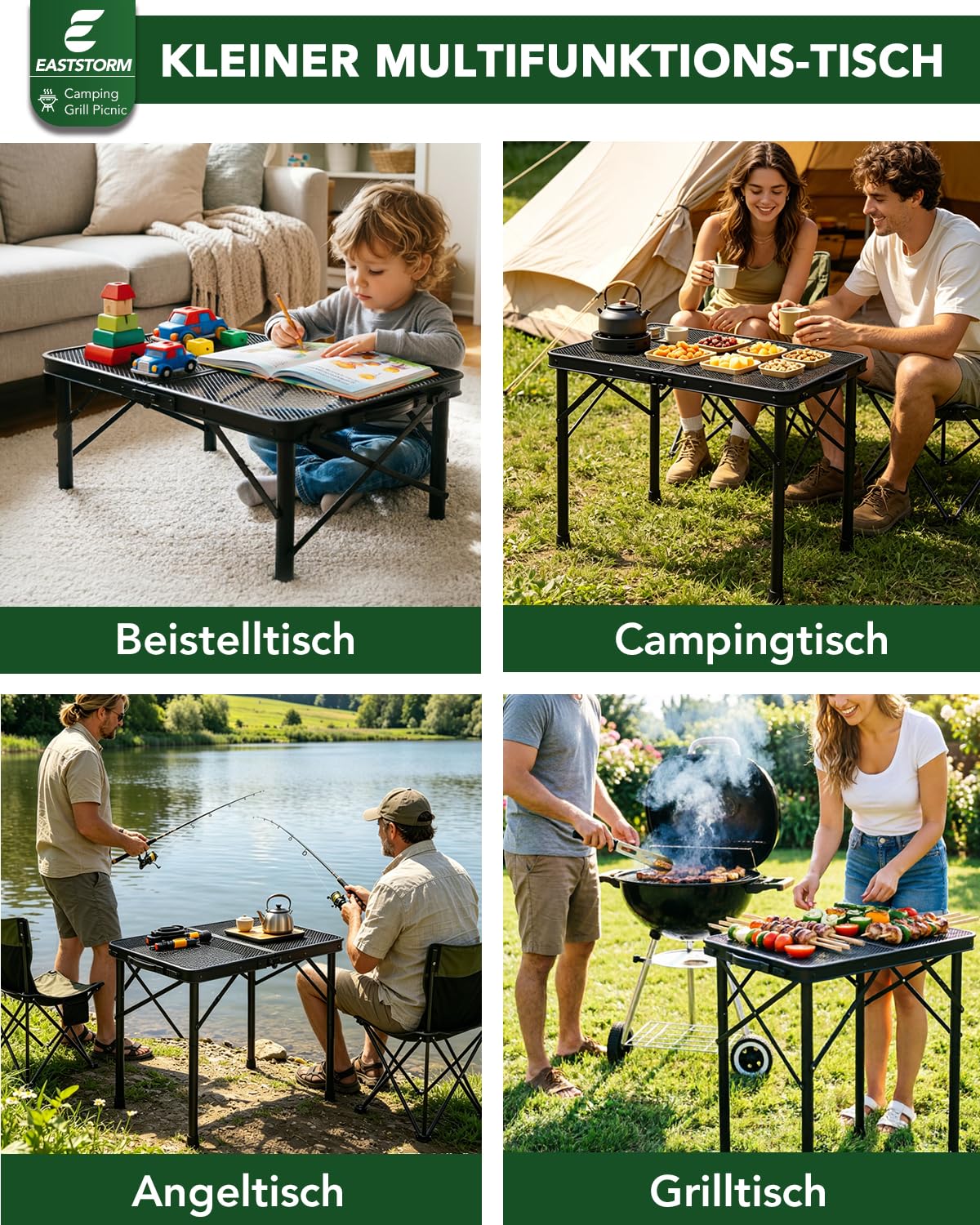 E EASTSTORM Klapptisch Grilltisch klappbar mit Metallgitter 60×40cm, 2 Höhenverstellbar – Leichter Klapptisch Klein für Grillen, Camping, Garten, Balkon, Angeln und Outdoor-Kochen(Schwarz)