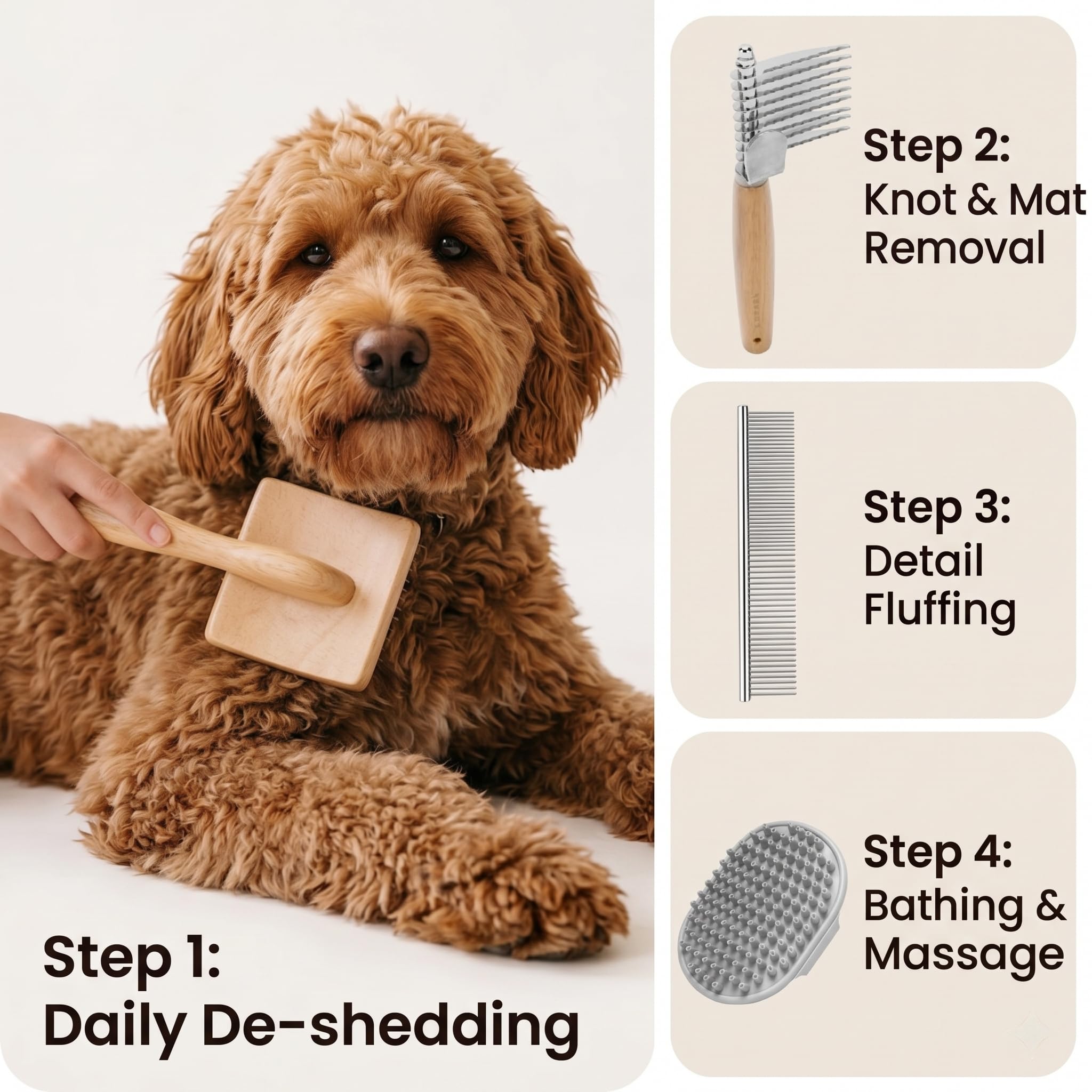 4 spazzole grandi per cani e gatti a pelo lungo, Goldendoodles, scarabocchi e barboncini, spazzola per cani con pettine per toelettatura e pettine in acciaio inossidabile, naturalmente